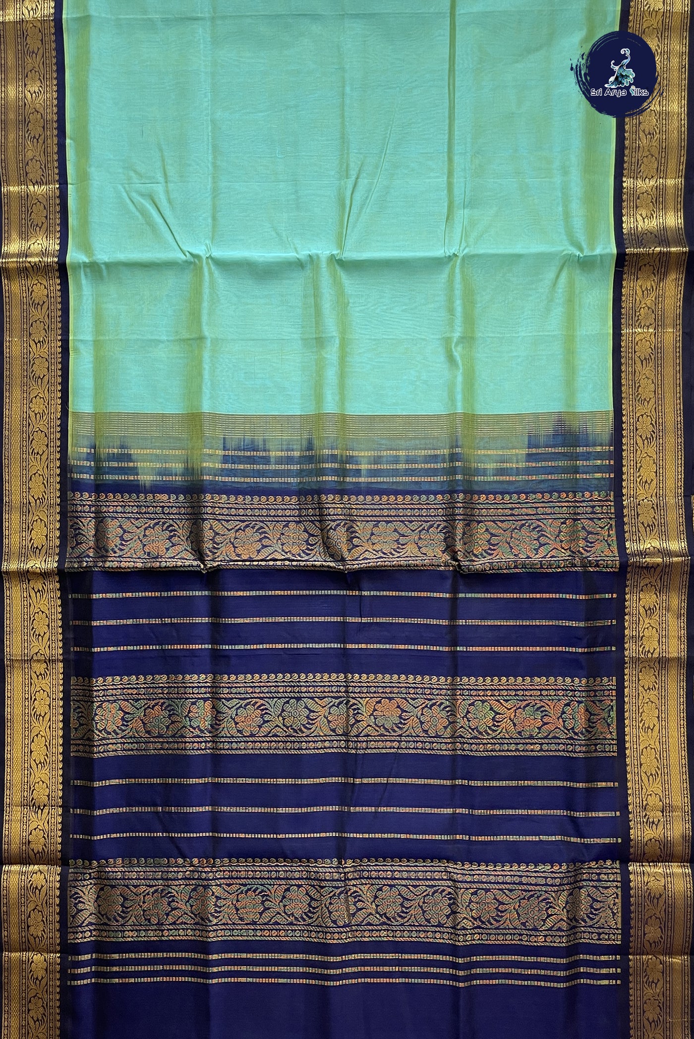 Dual Tone Turquoise Korvai Silk Cotton Saree With Plain Pattern