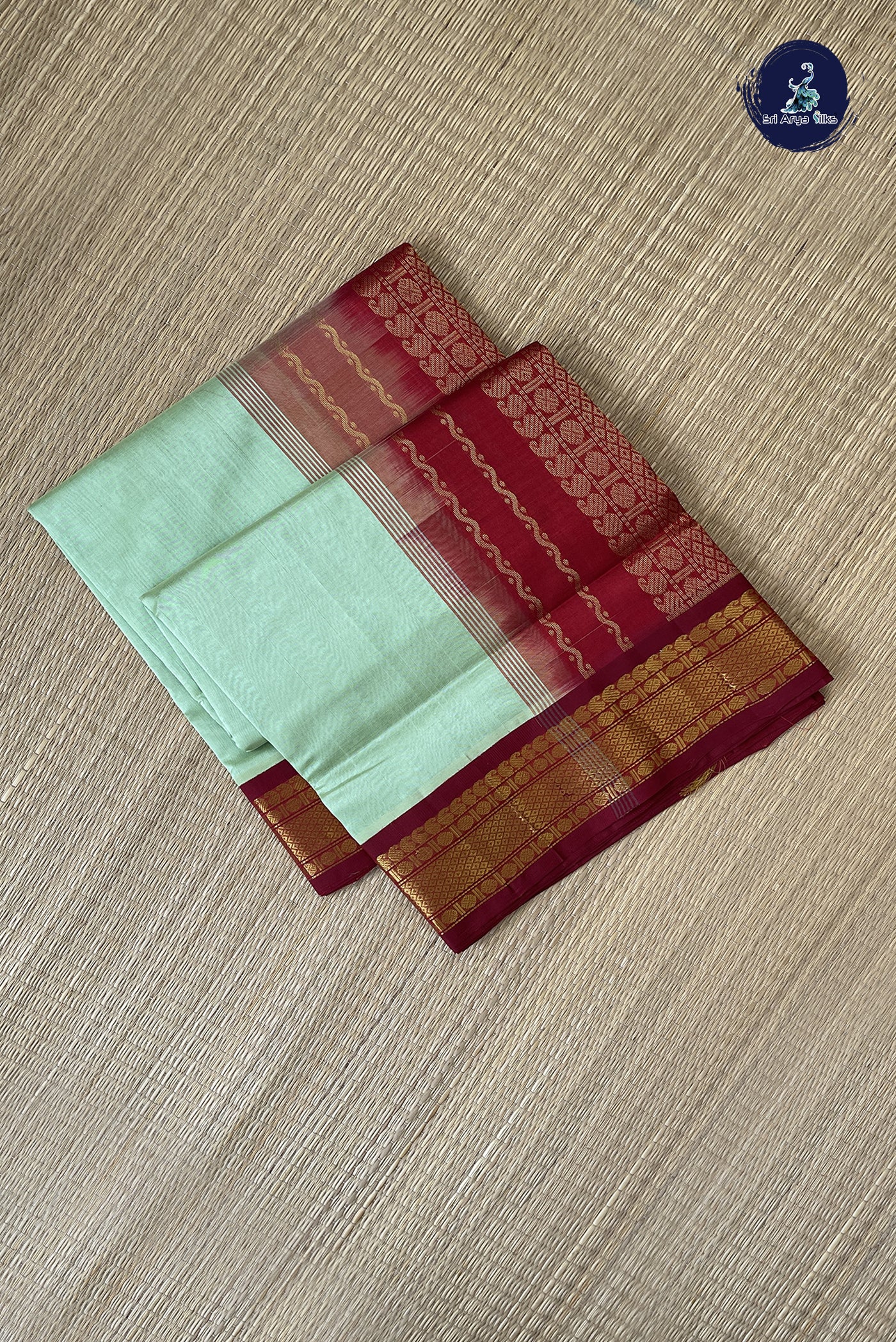 Pastel Green Korvai Silk Cotton Saree With Plain Pattern