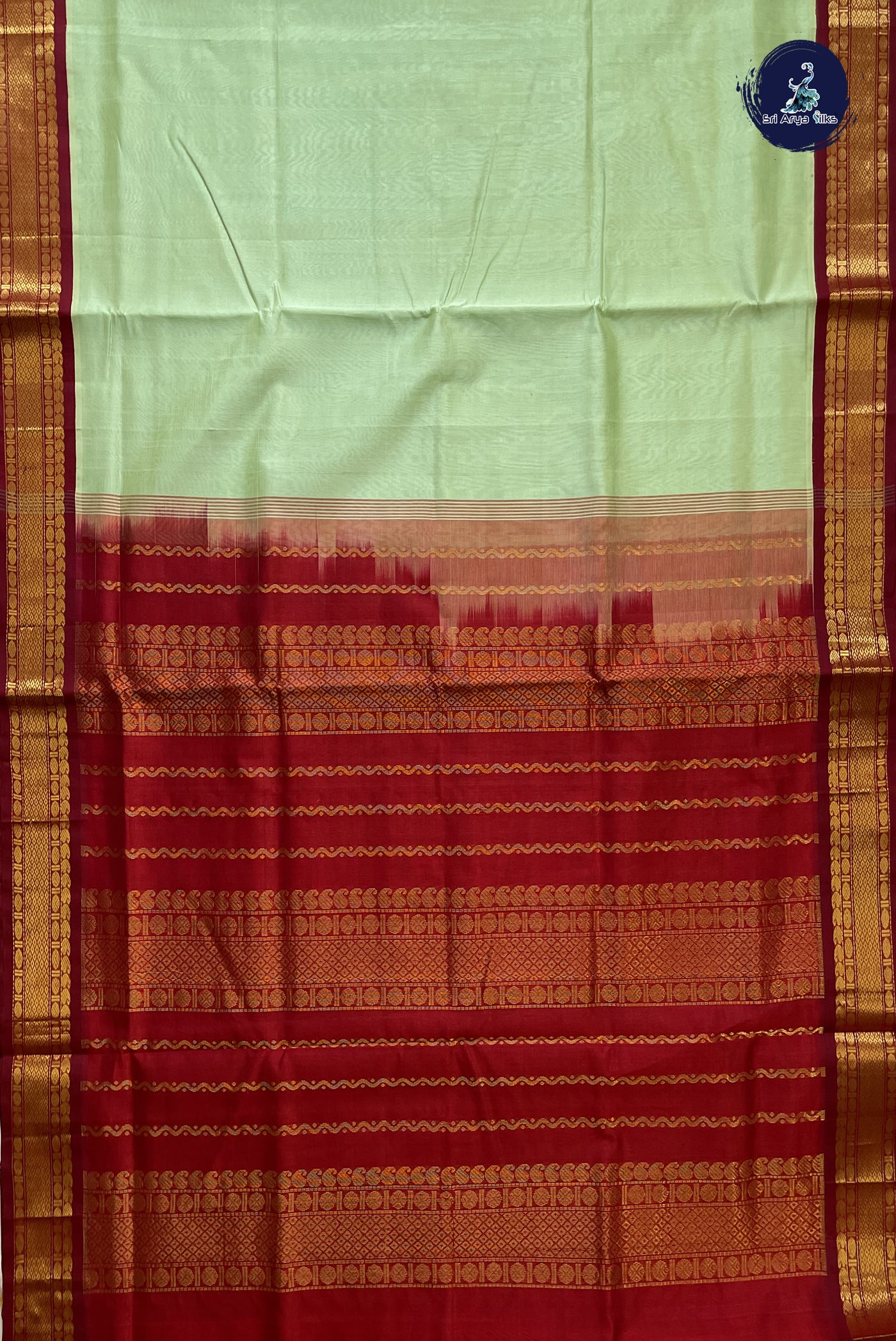 Pastel Green Korvai Silk Cotton Saree With Plain Pattern