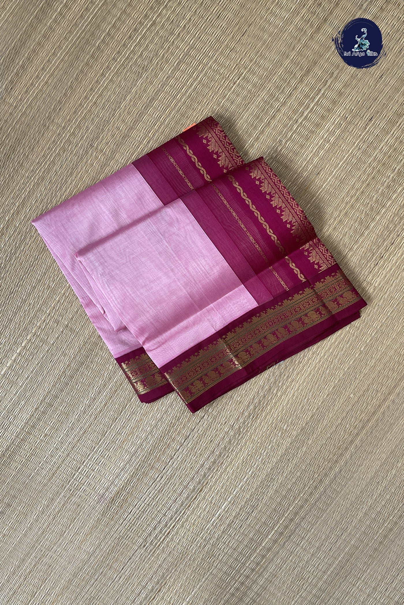 Baby Pink Korvai Silk Cotton Saree With Plain Pattern