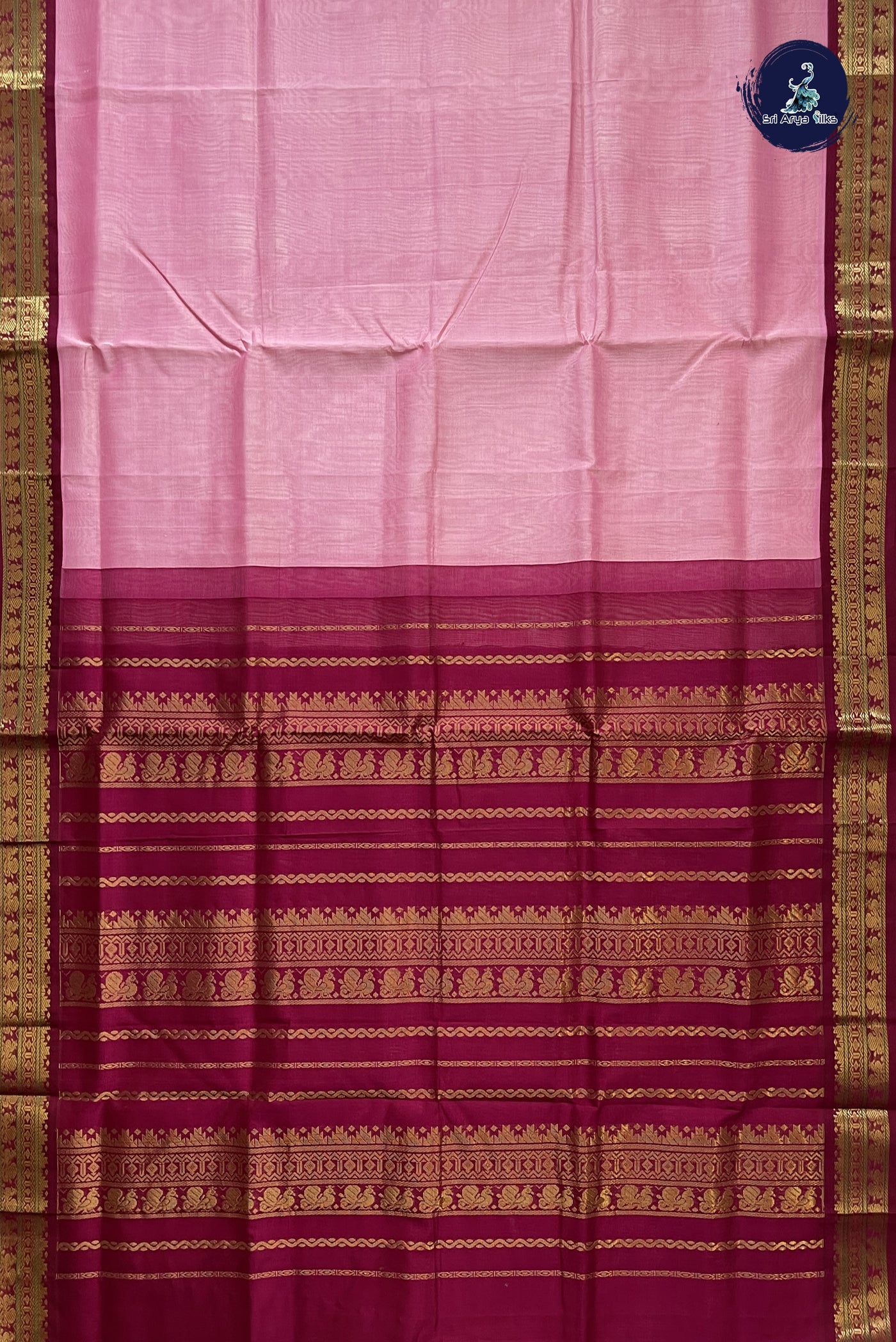 Baby Pink Korvai Silk Cotton Saree With Plain Pattern