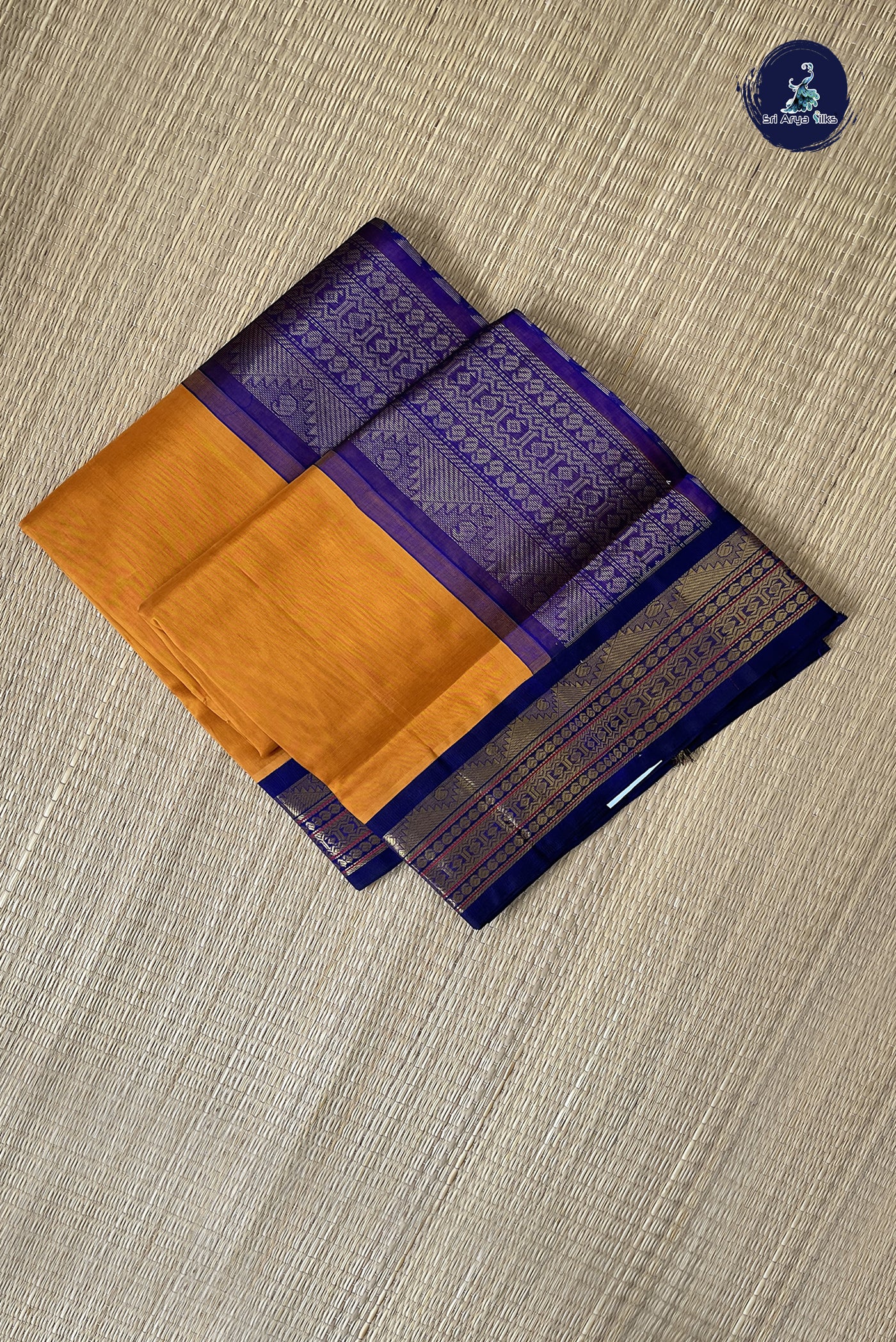 Yellowish Orange Korvai Silk Cotton Saree With Plain Pattern