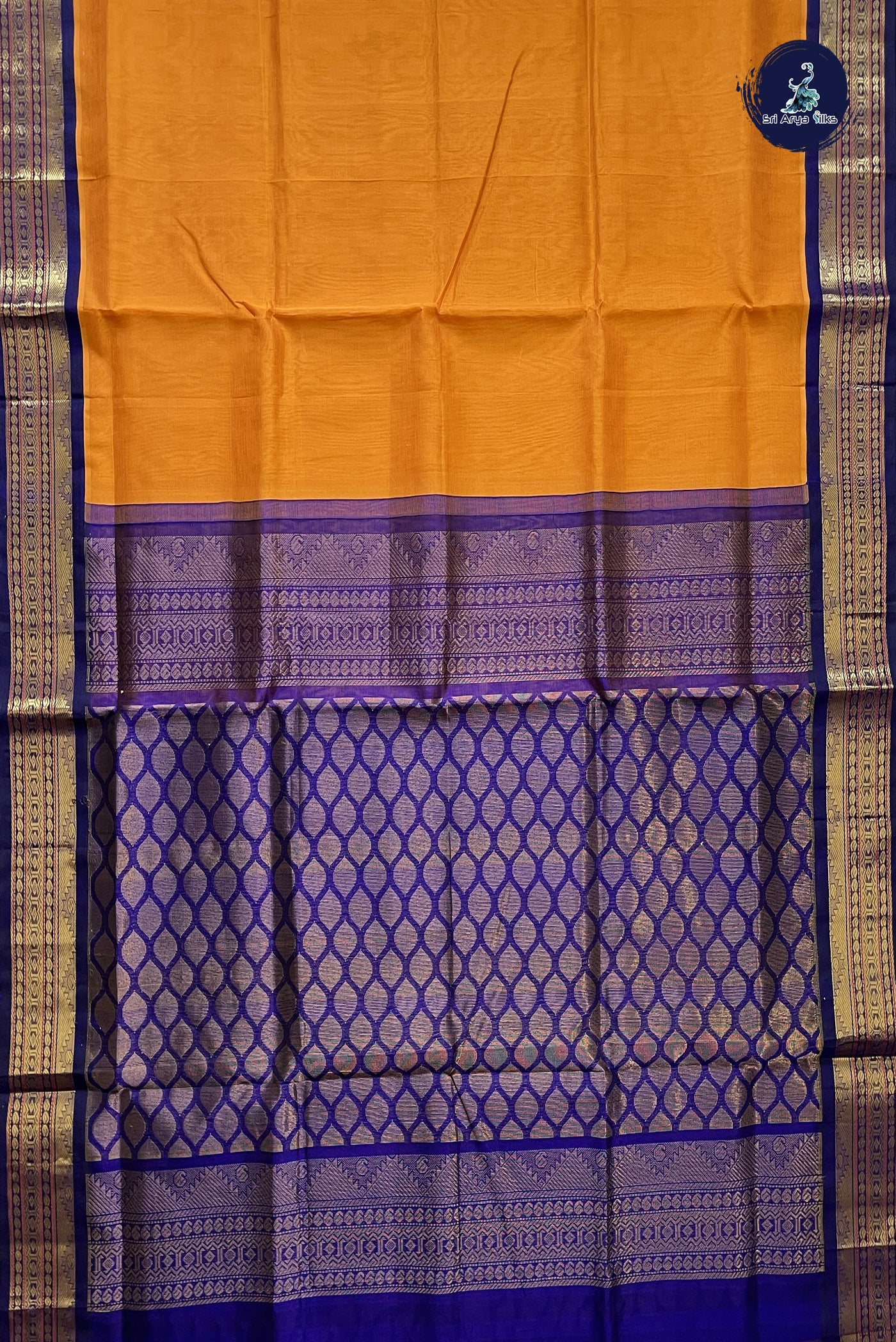 Yellowish Orange Korvai Silk Cotton Saree With Plain Pattern