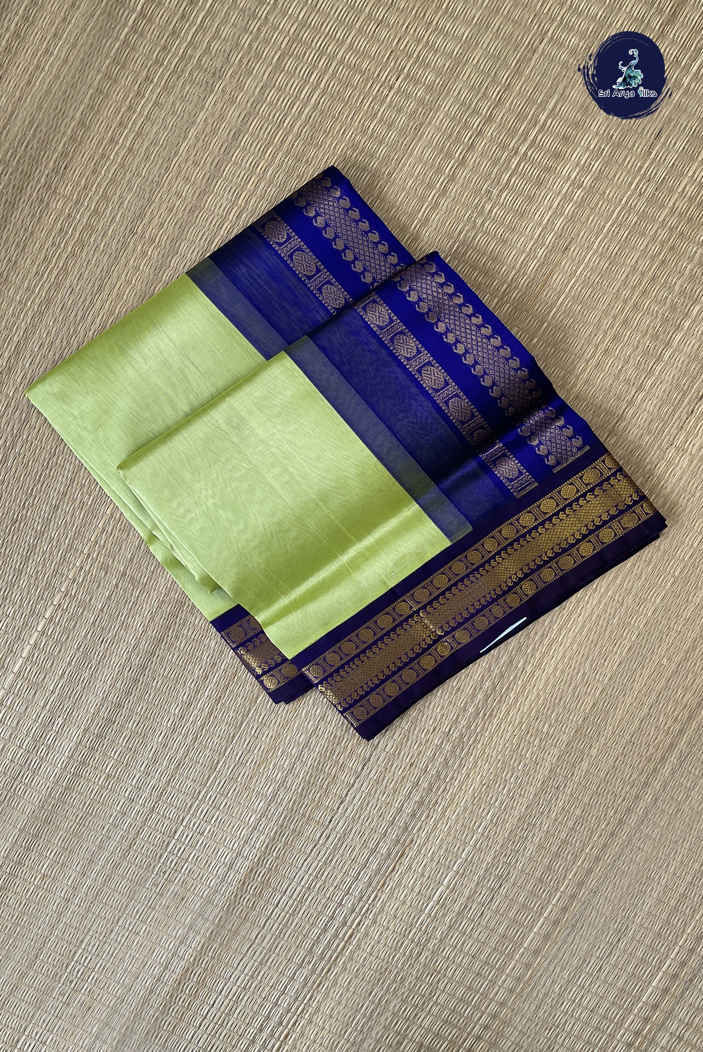 Pastel Green Korvai Silk Cotton Saree With Plain Pattern