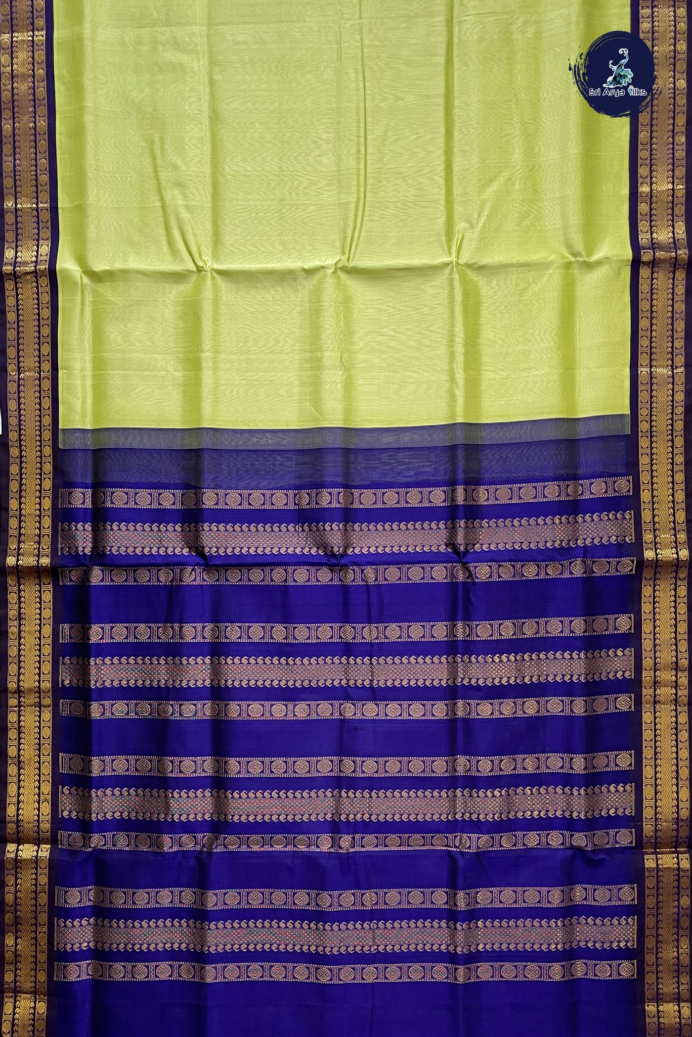 Pastel Green Korvai Silk Cotton Saree With Plain Pattern