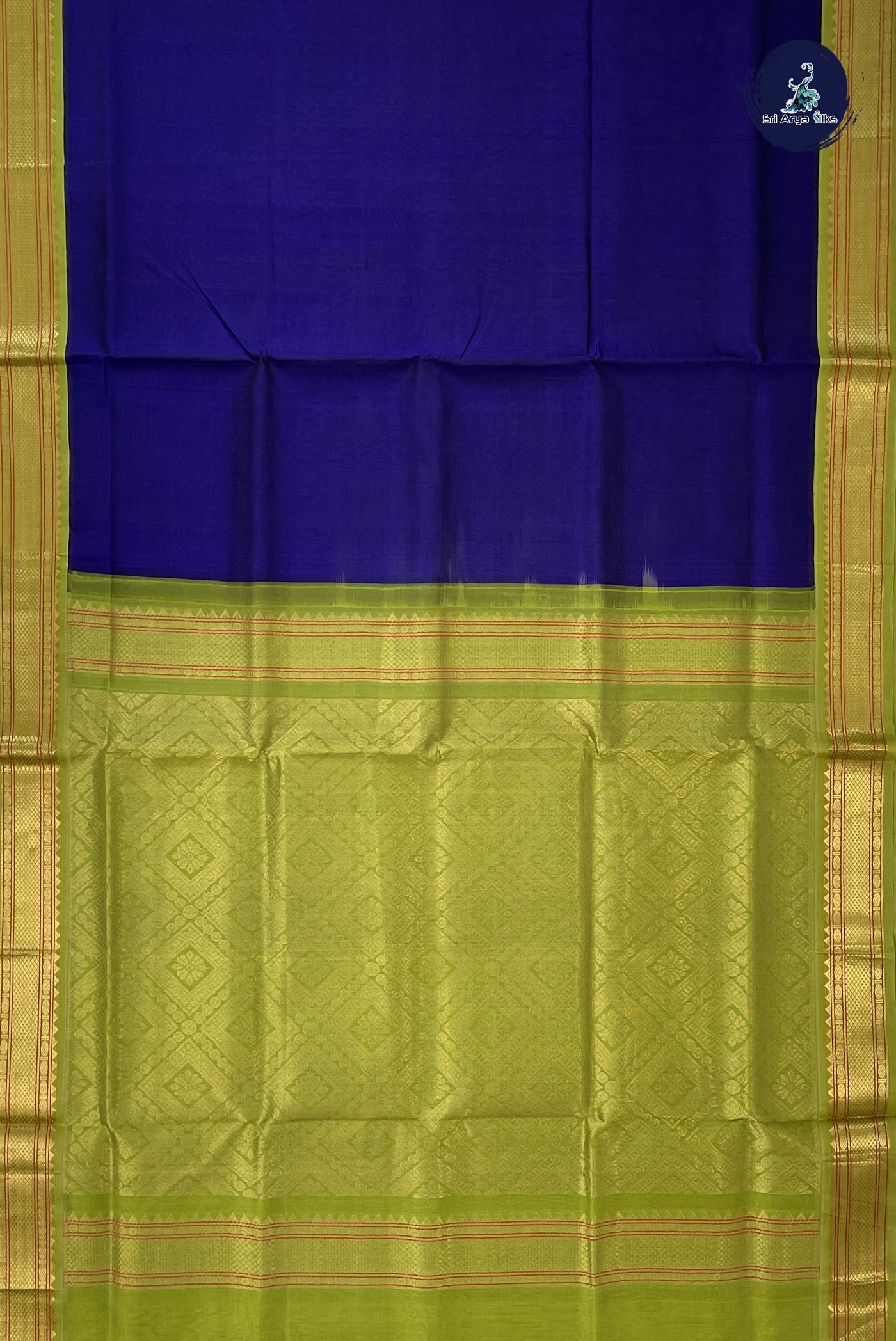 Dark Blue Korvai Silk Cotton Saree With Plain Pattern