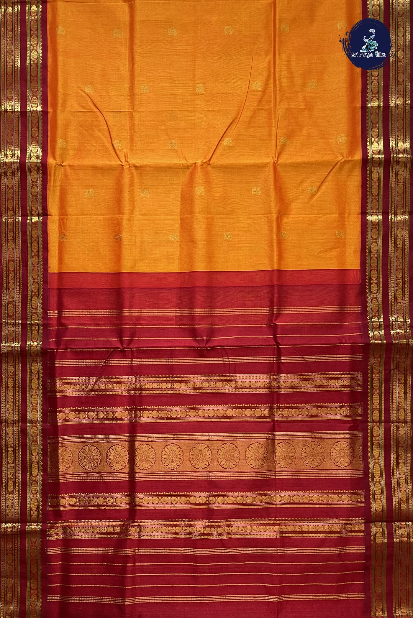 Yellowish Orange Korvai Silk Cotton Saree With Zari Buttas Pattern