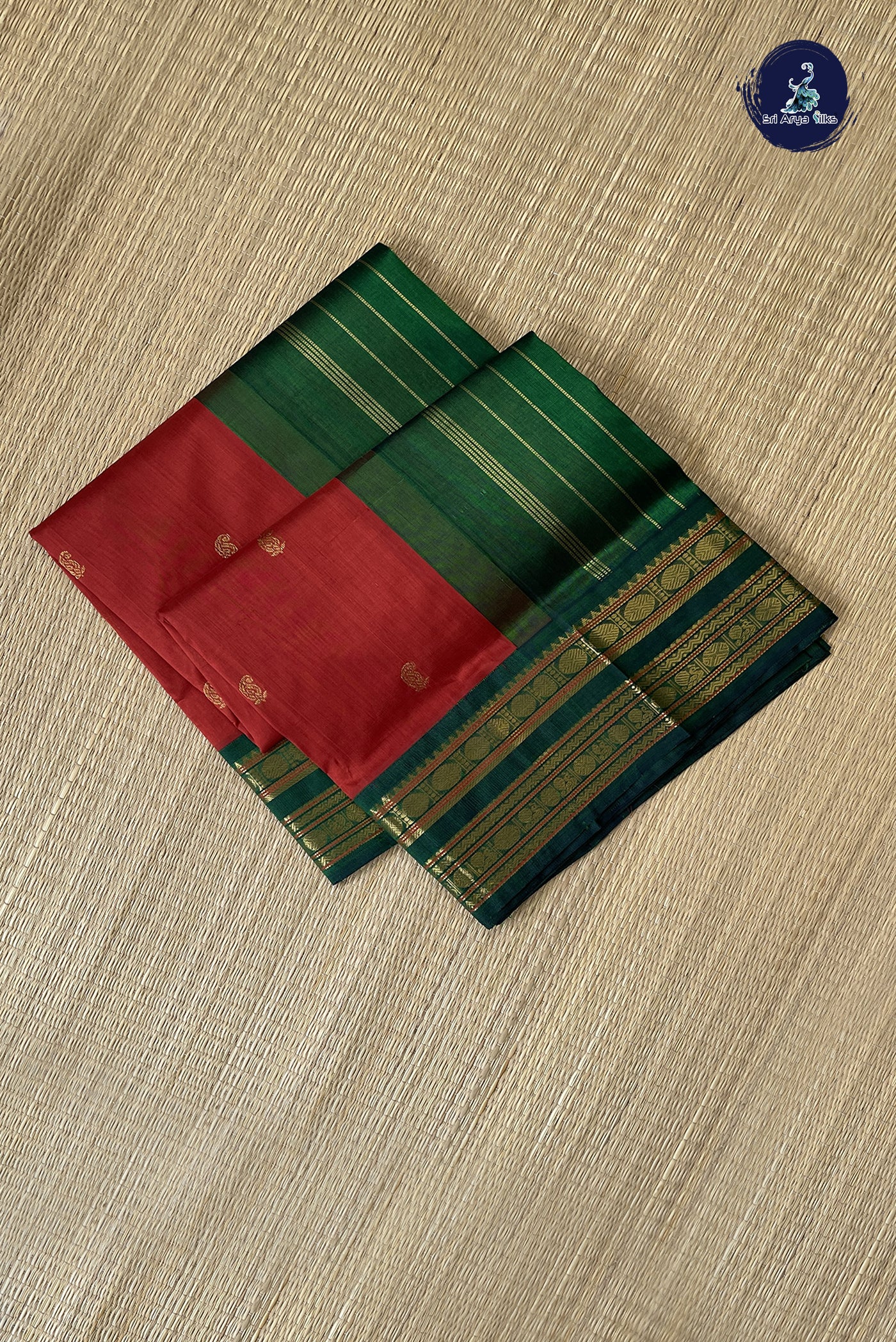 Teracotta Red Korvai Silk Cotton Saree With Zari Buttas Pattern