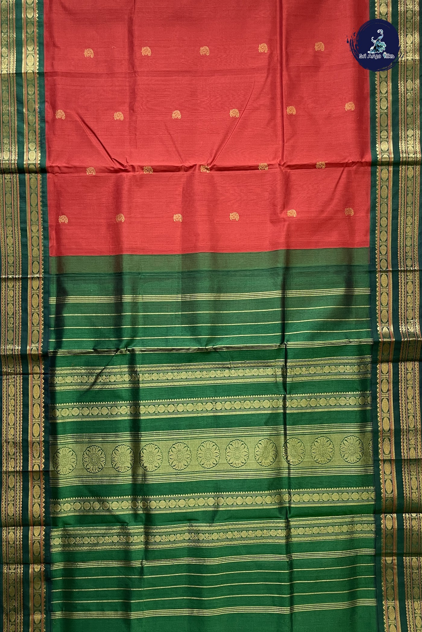 Teracotta Red Korvai Silk Cotton Saree With Zari Buttas Pattern