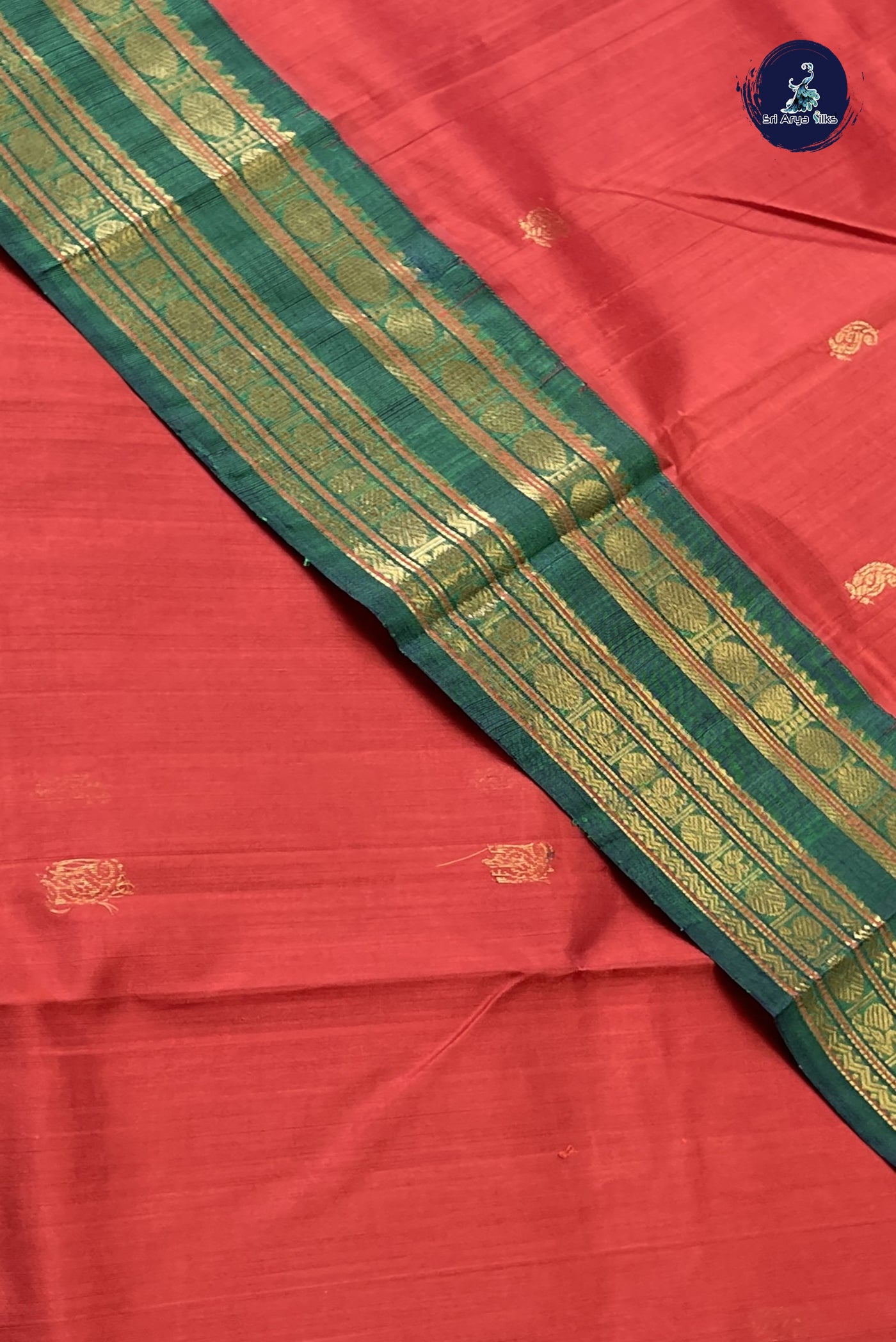 Teracotta Red Korvai Silk Cotton Saree With Zari Buttas Pattern