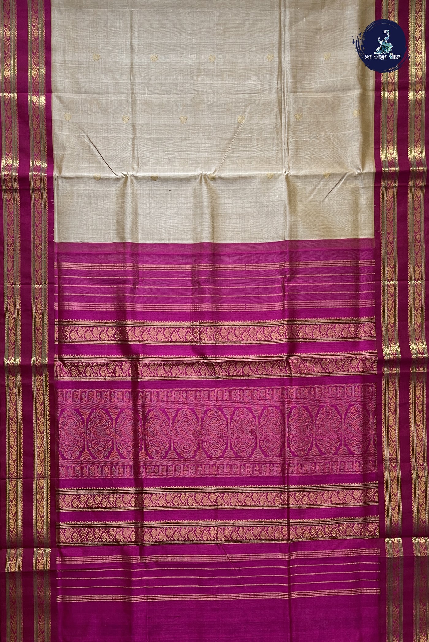 Biscuit Shade Korvai Silk Cotton Saree With Zari Buttas Pattern