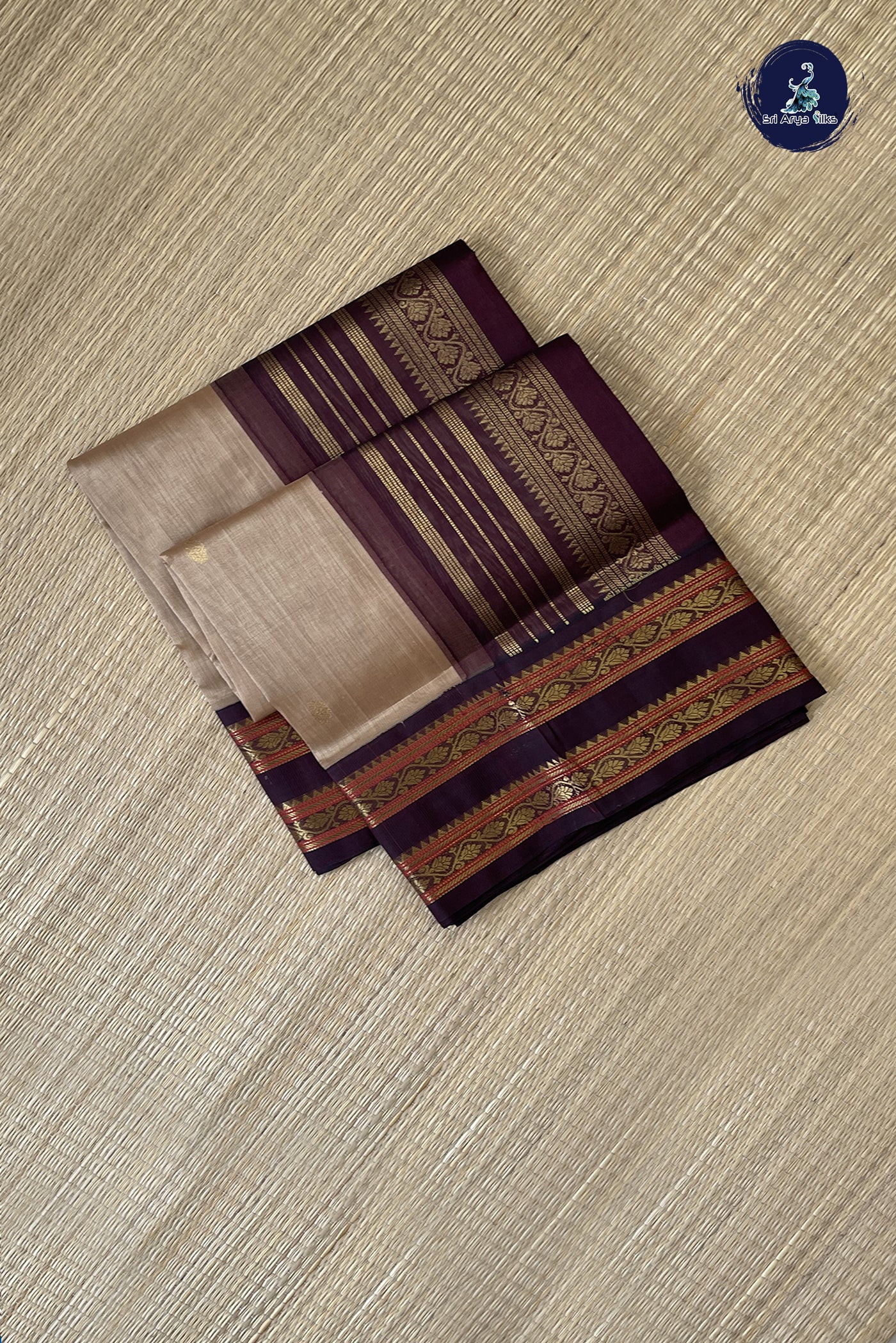 Chocolate Shade Korvai Silk Cotton Saree With Zari Buttas Pattern