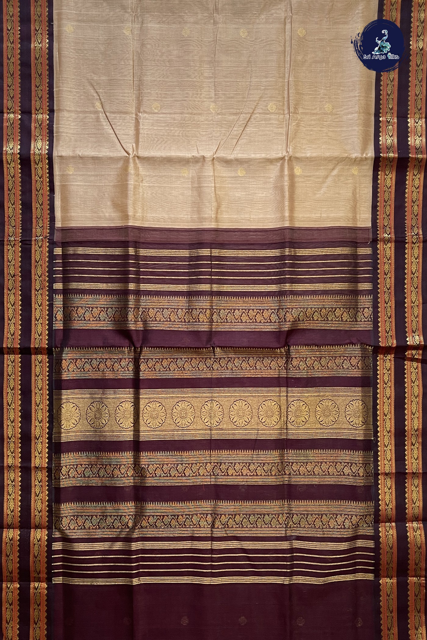 Chocolate Shade Korvai Silk Cotton Saree With Zari Buttas Pattern