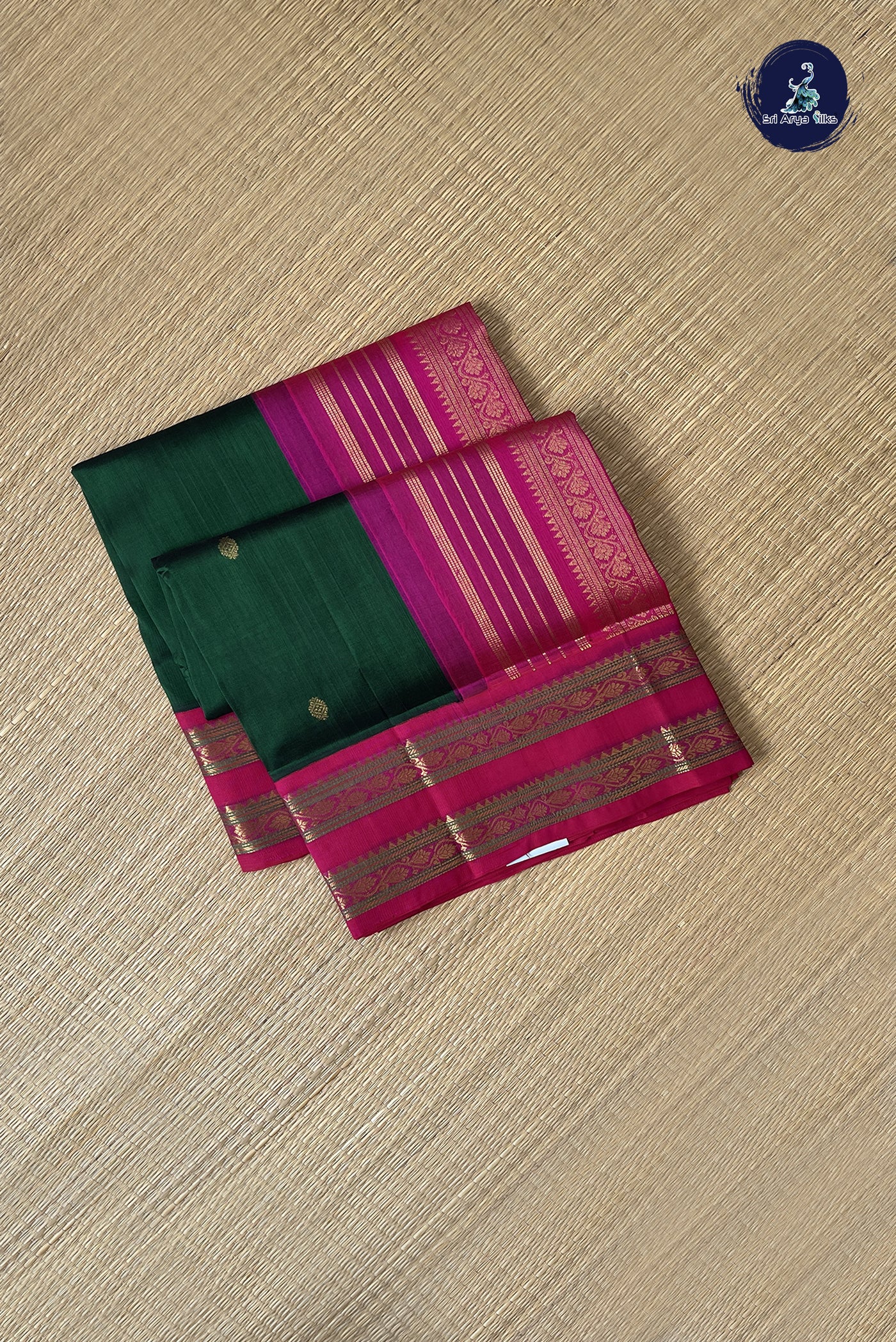 Bottle Green Korvai Silk Cotton Saree With Zari Buttas Pattern