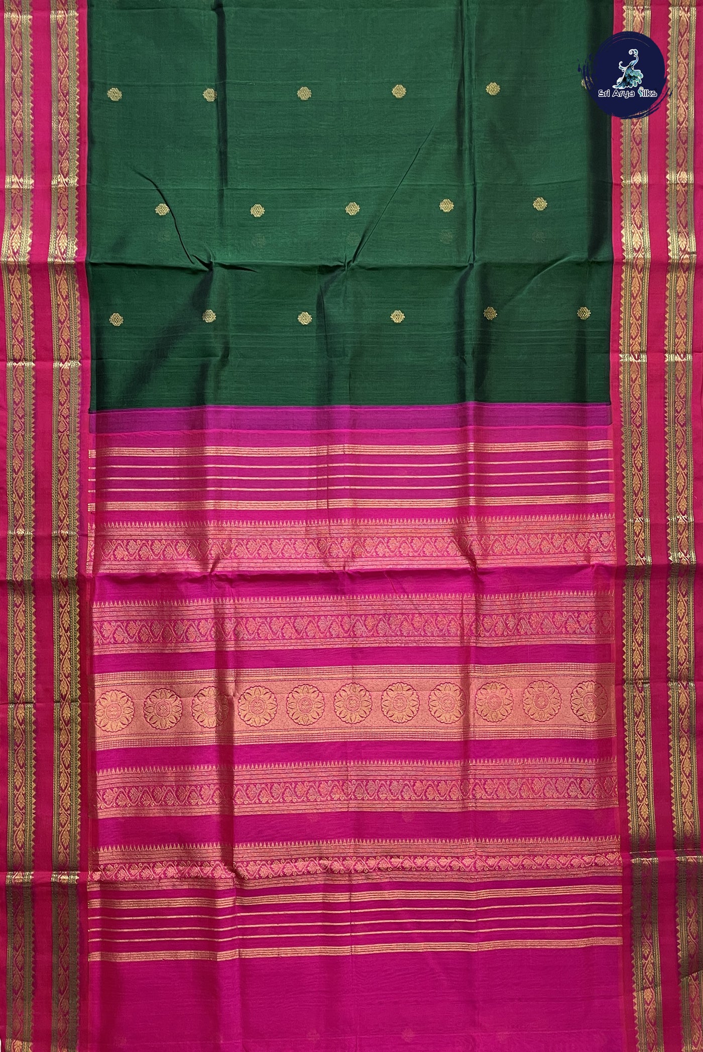 Bottle Green Korvai Silk Cotton Saree With Zari Buttas Pattern