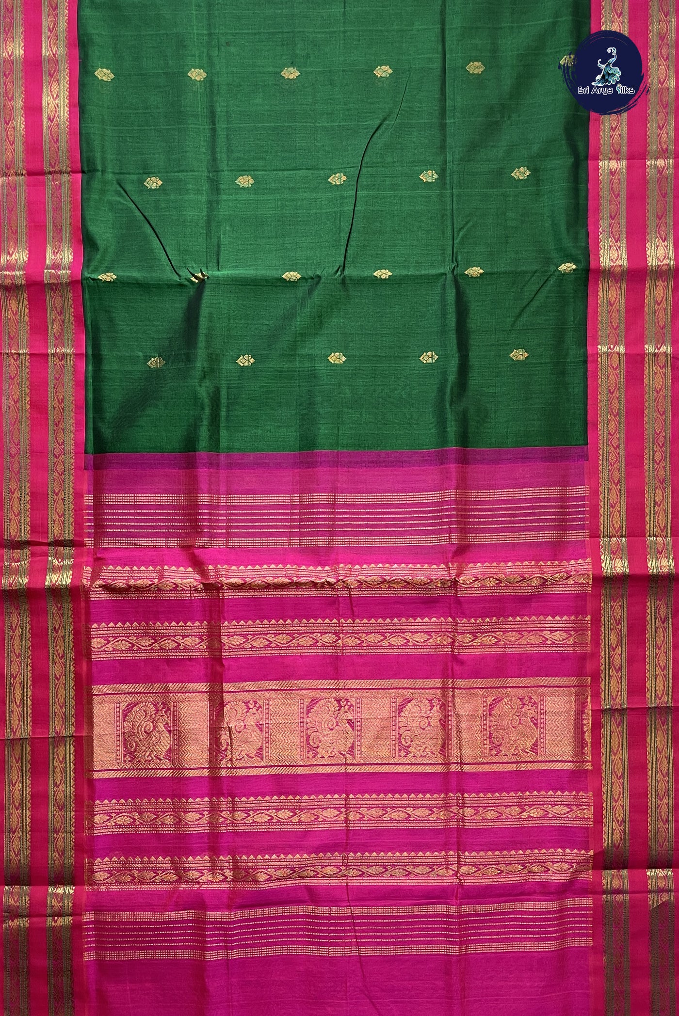 Bottle Green Korvai Silk Cotton Saree With Zari Buttas Pattern