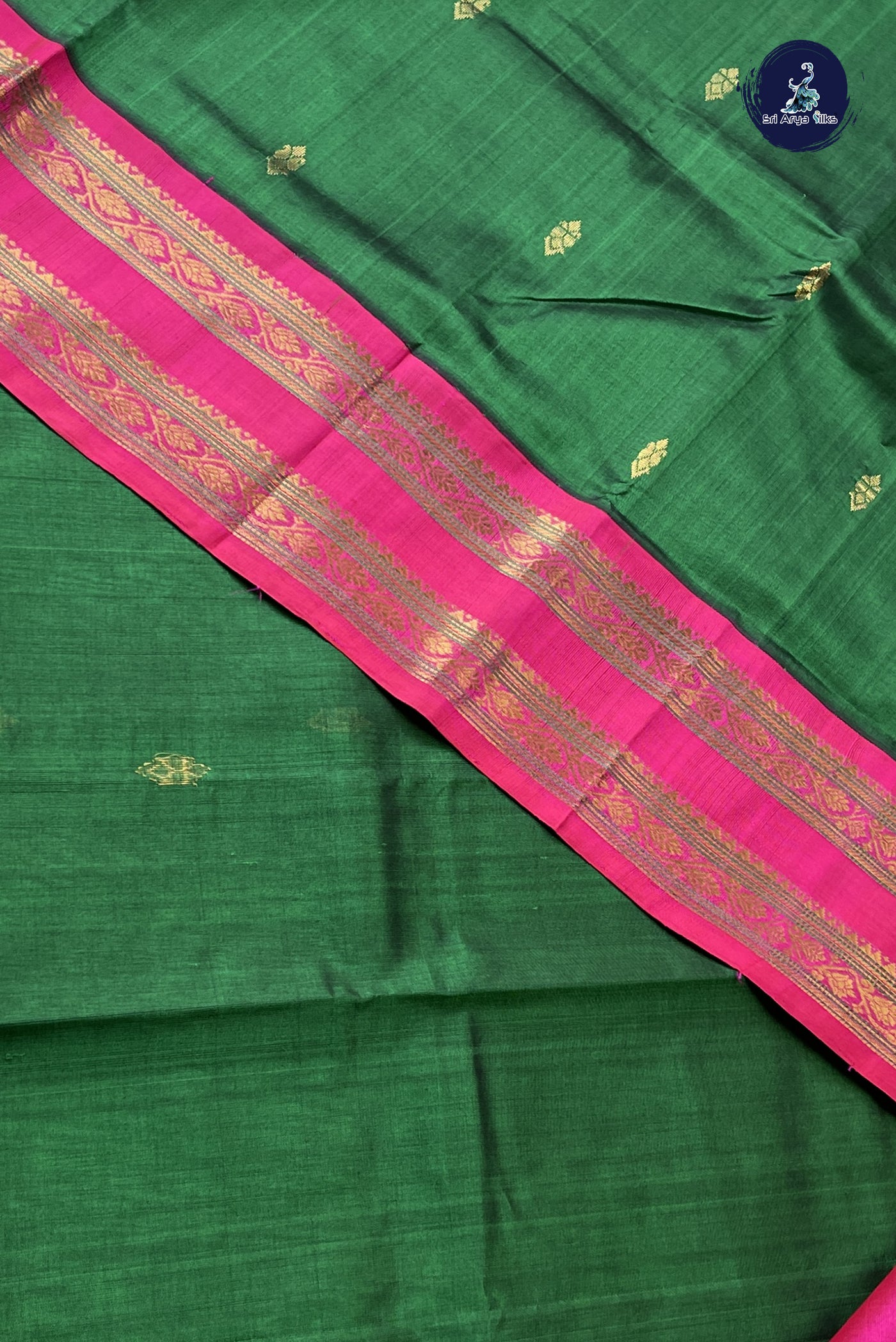 Bottle Green Korvai Silk Cotton Saree With Zari Buttas Pattern