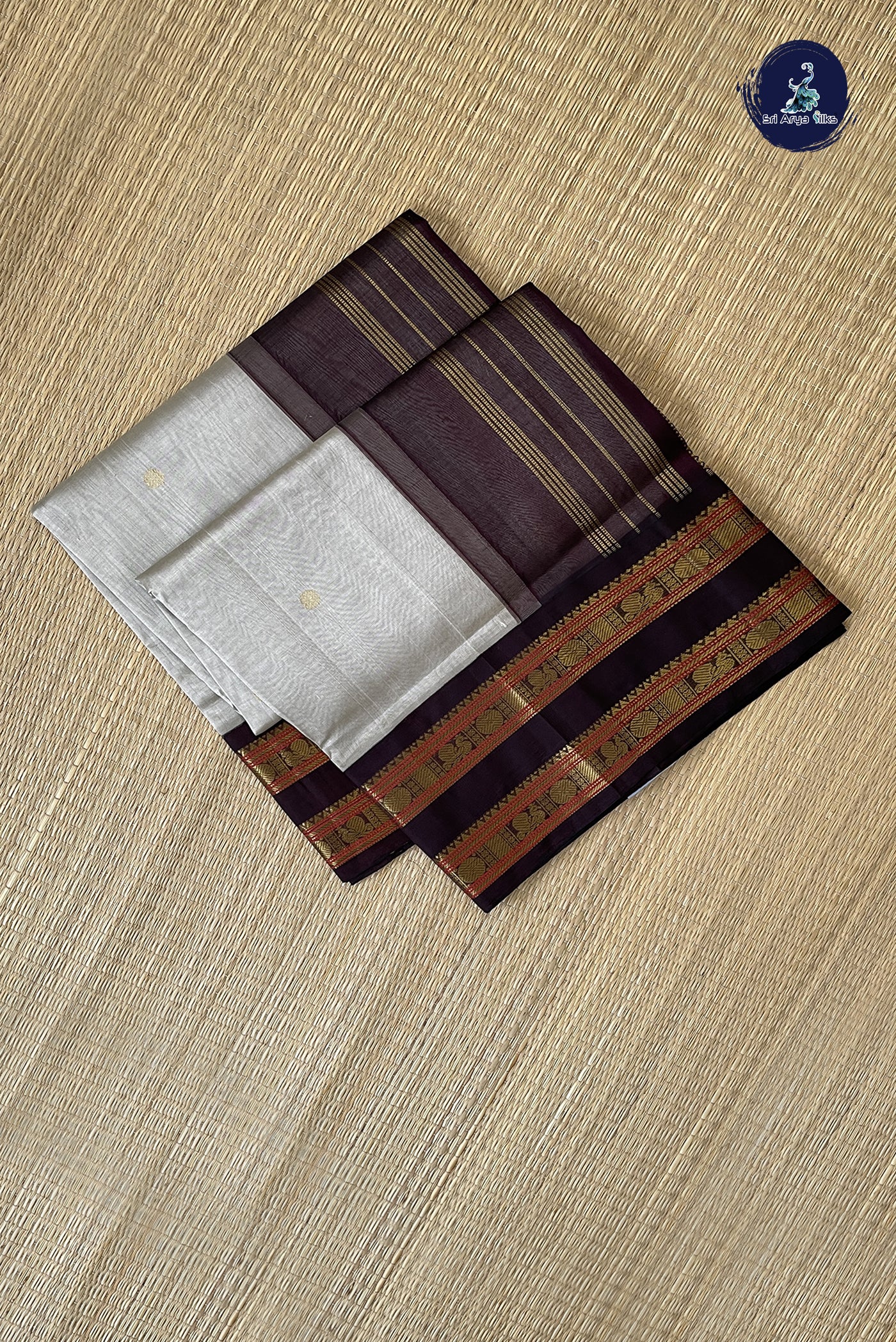 Silver Grey Korvai Silk Cotton Saree With Zari Buttas Pattern