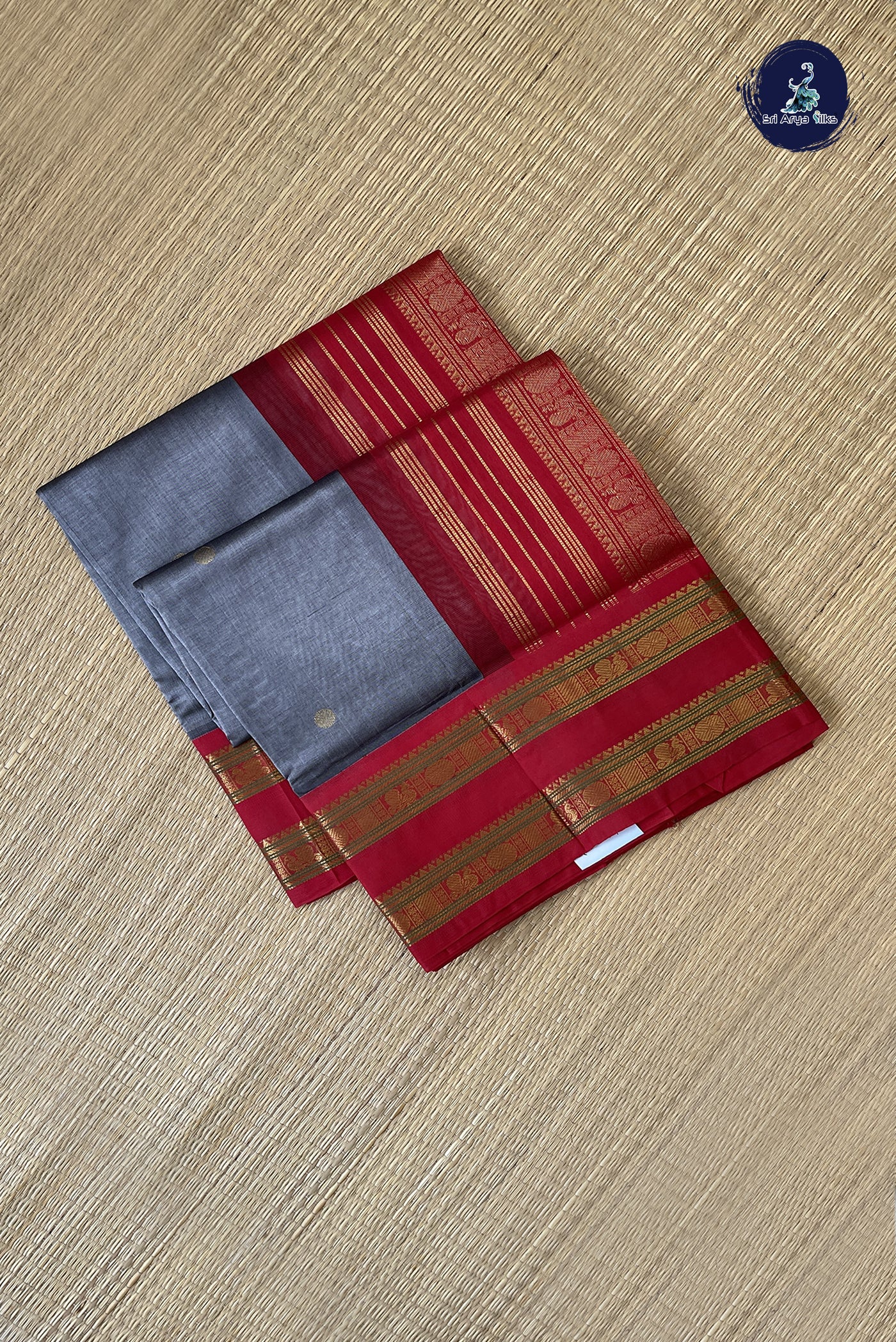 Grey Korvai Silk Cotton Saree With Zari Buttas Pattern