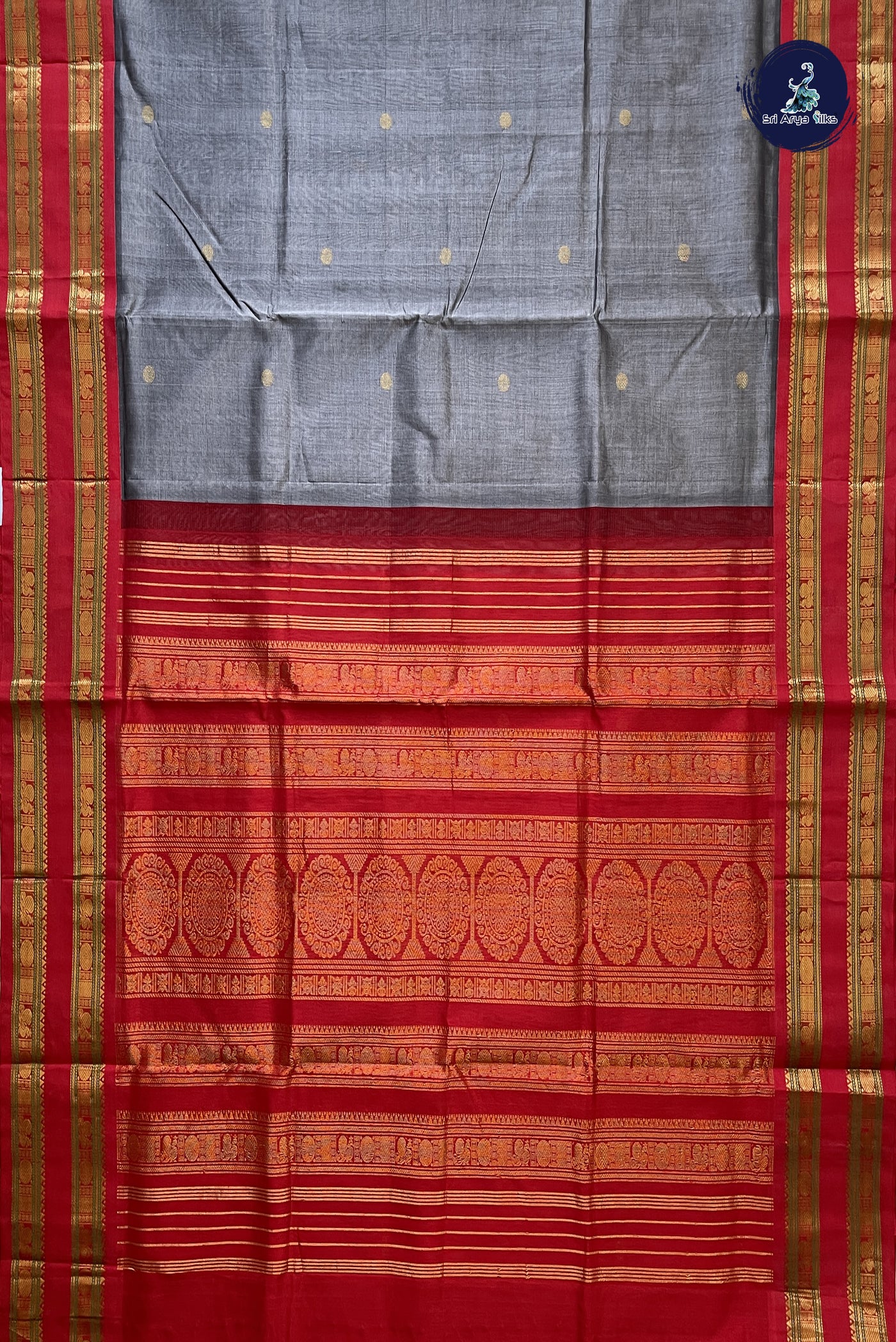 Grey Korvai Silk Cotton Saree With Zari Buttas Pattern