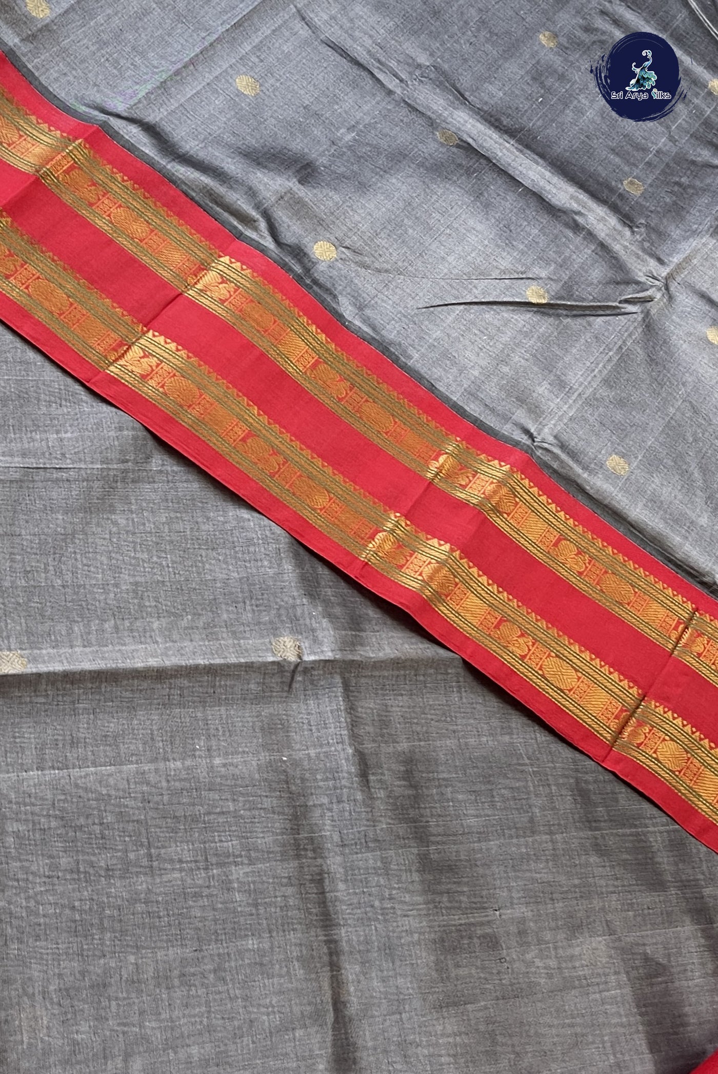 Grey Korvai Silk Cotton Saree With Zari Buttas Pattern