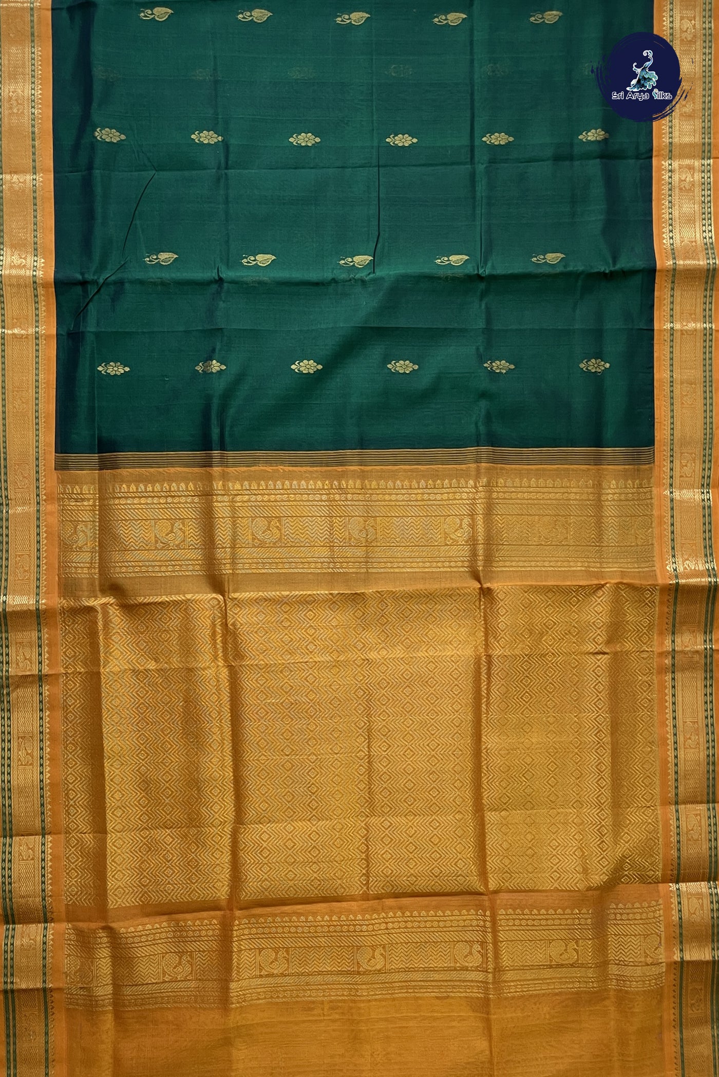 Dark Green Korvai Silk Cotton Saree With Zari Buttas Pattern