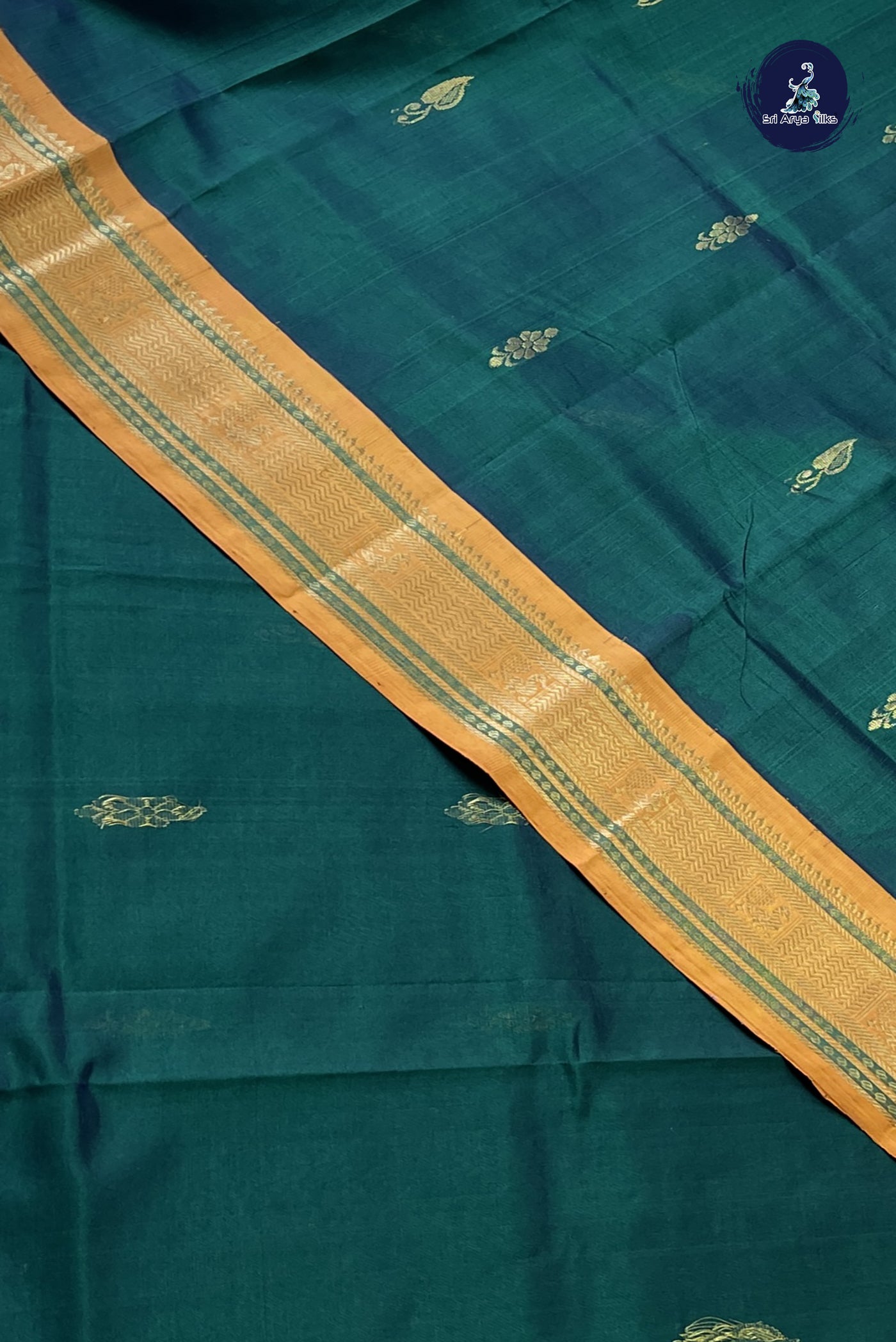 Dark Green Korvai Silk Cotton Saree With Zari Buttas Pattern