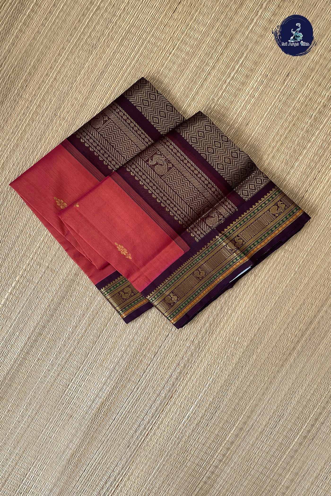 Rust Korvai Silk Cotton Saree With Zari Buttas Pattern