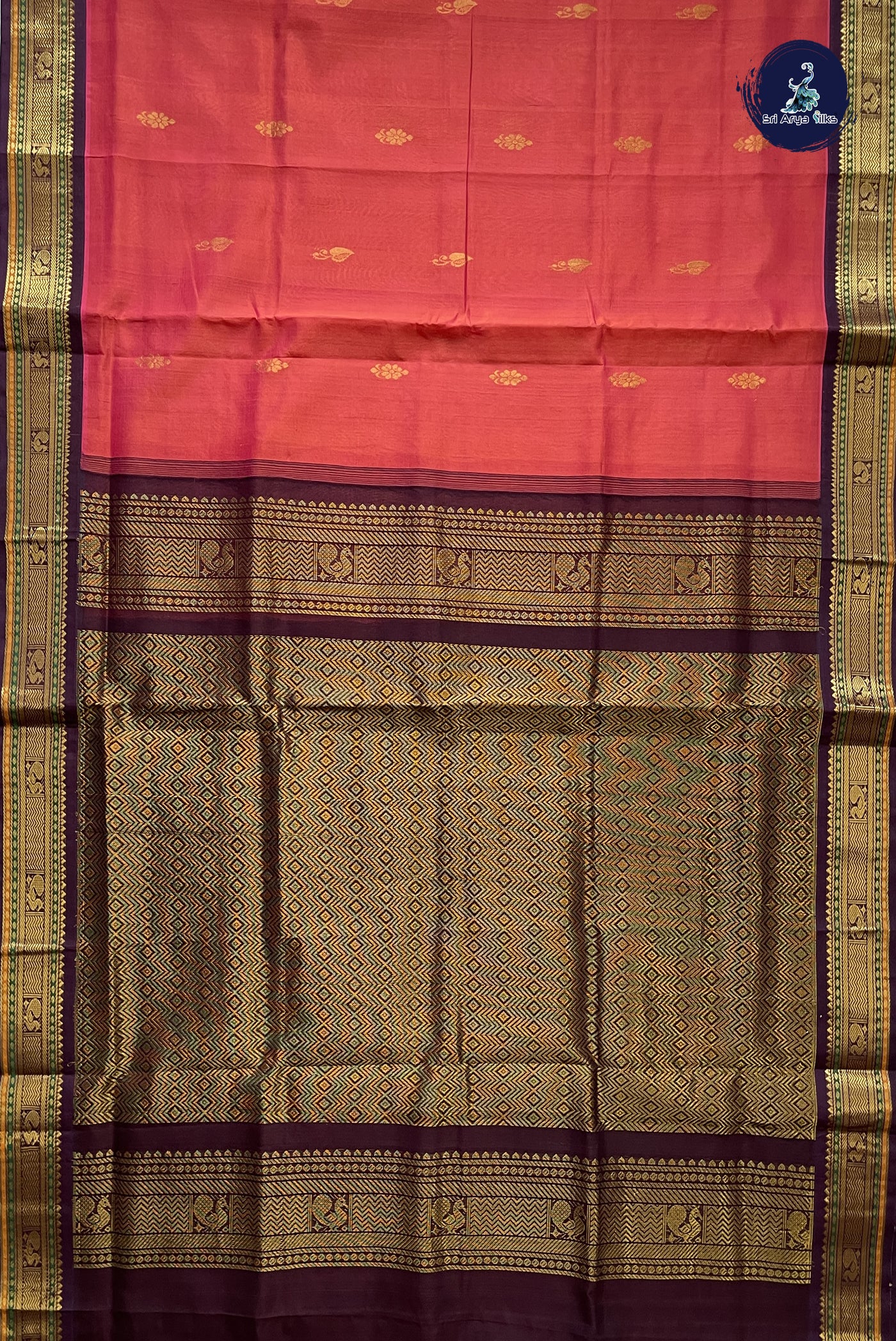 Rust Korvai Silk Cotton Saree With Zari Buttas Pattern