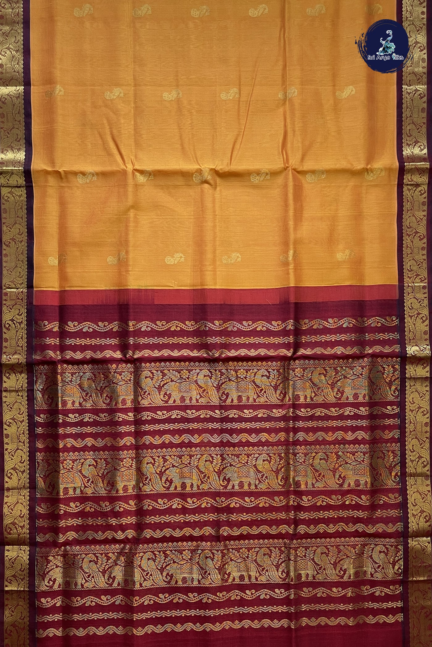 Mango Yellow Korvai Silk Cotton Saree With Zari Buttas Pattern