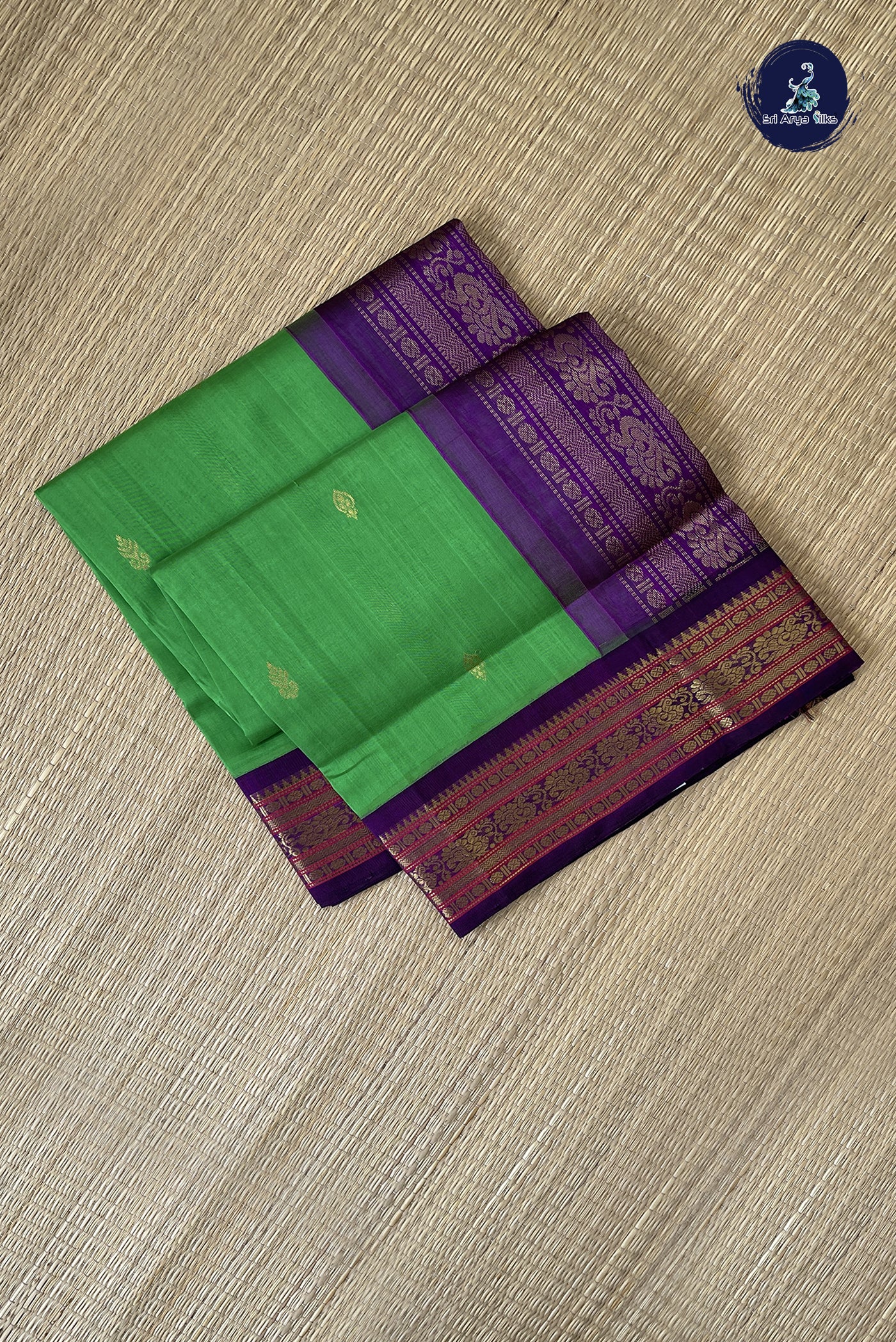 Parrot Green Korvai Silk Cotton Saree With Zari Buttas Pattern