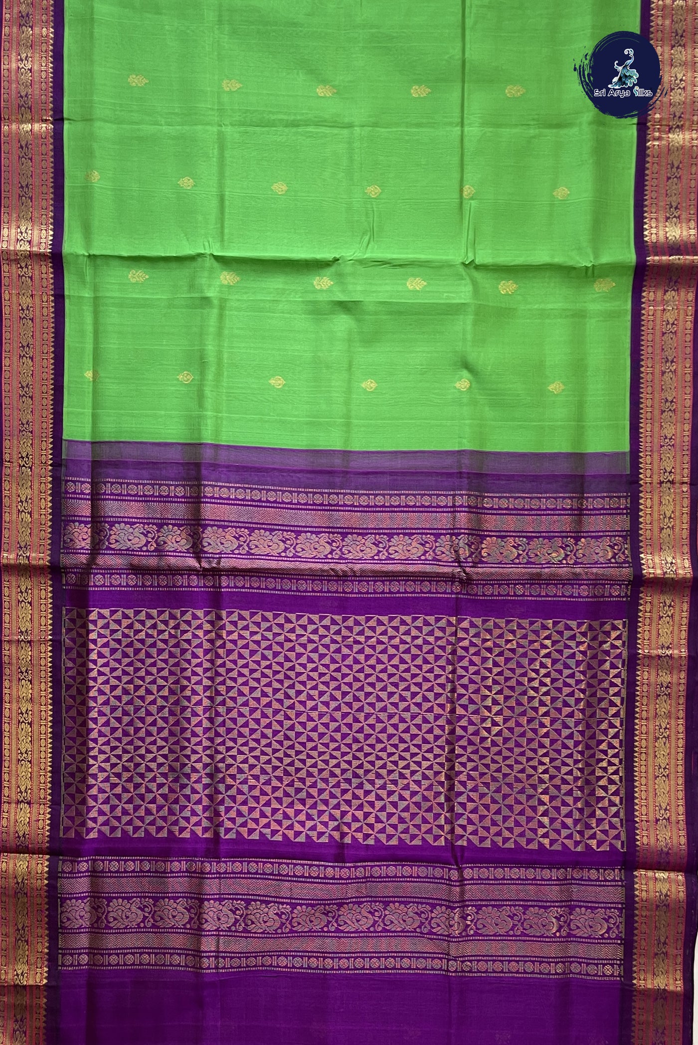 Parrot Green Korvai Silk Cotton Saree With Zari Buttas Pattern