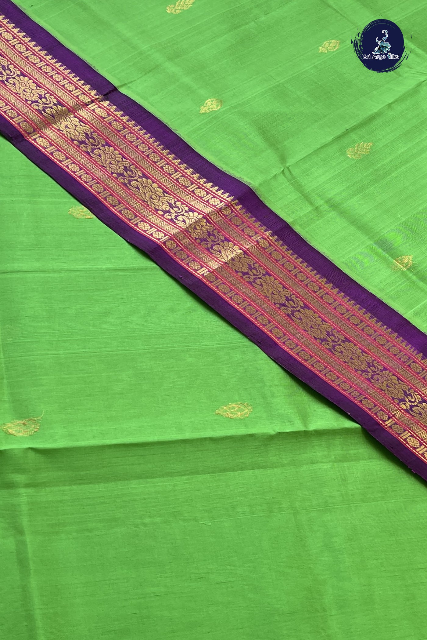 Parrot Green Korvai Silk Cotton Saree With Zari Buttas Pattern