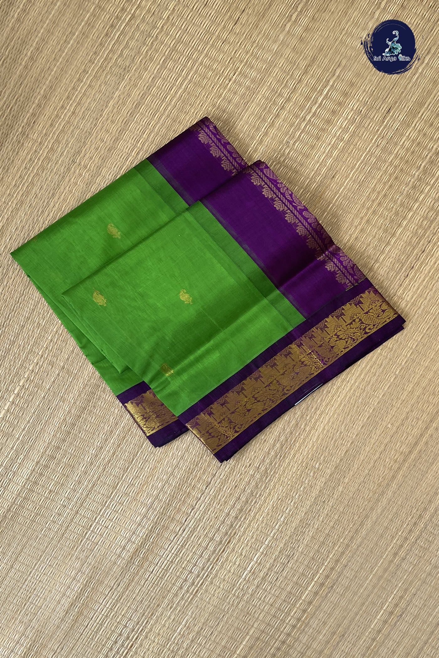 Parrot Green Korvai Silk Cotton Saree With Zari Buttas Pattern