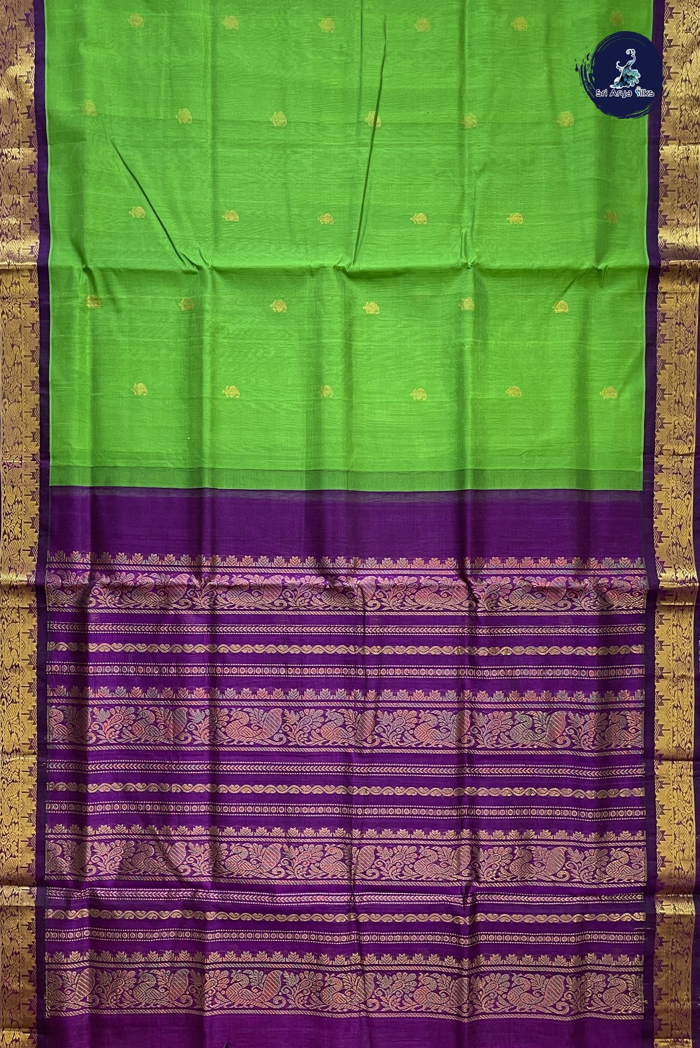 Parrot Green Korvai Silk Cotton Saree With Zari Buttas Pattern