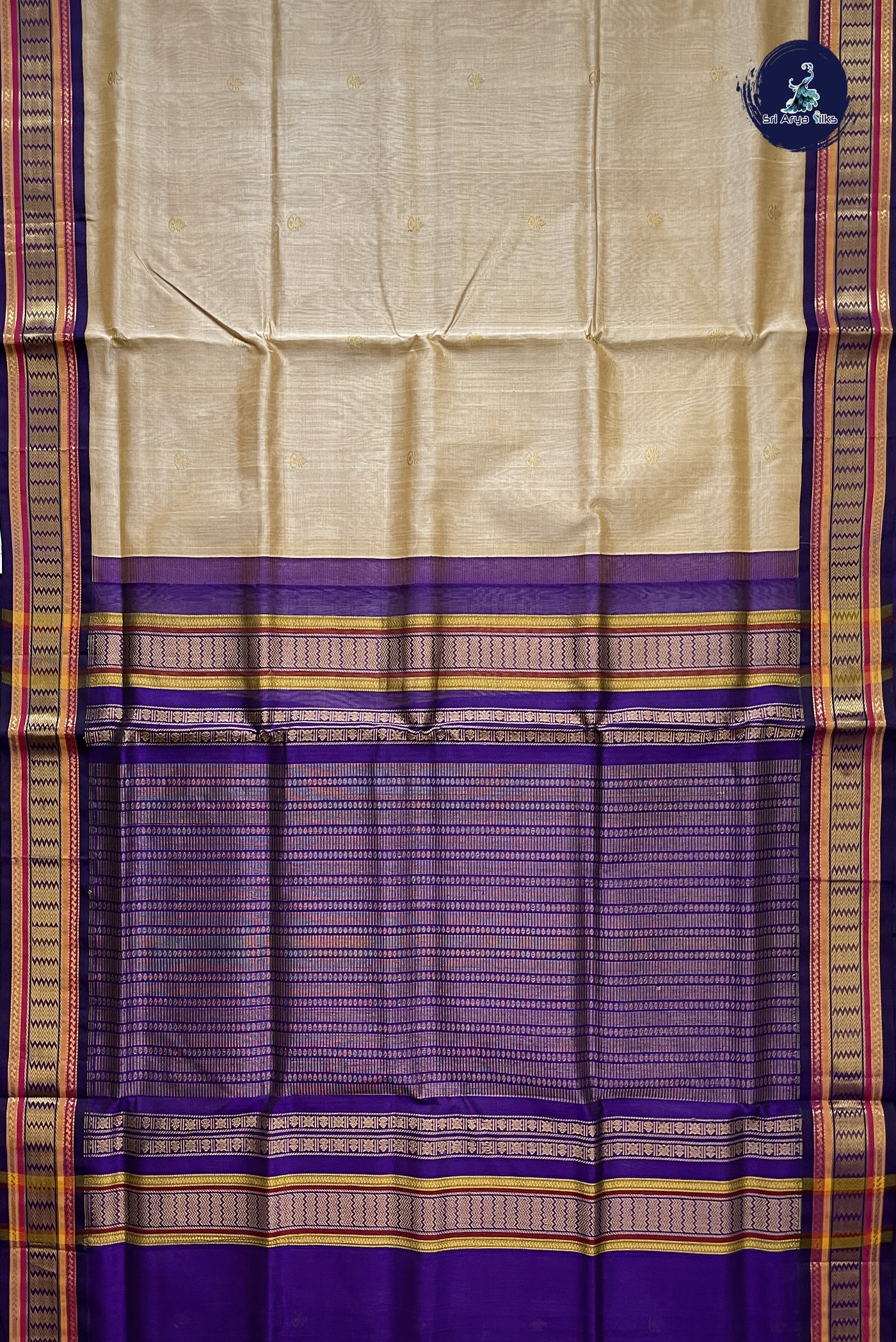 Khaki Korvai Silk Cotton Saree With Zari Buttas Pattern