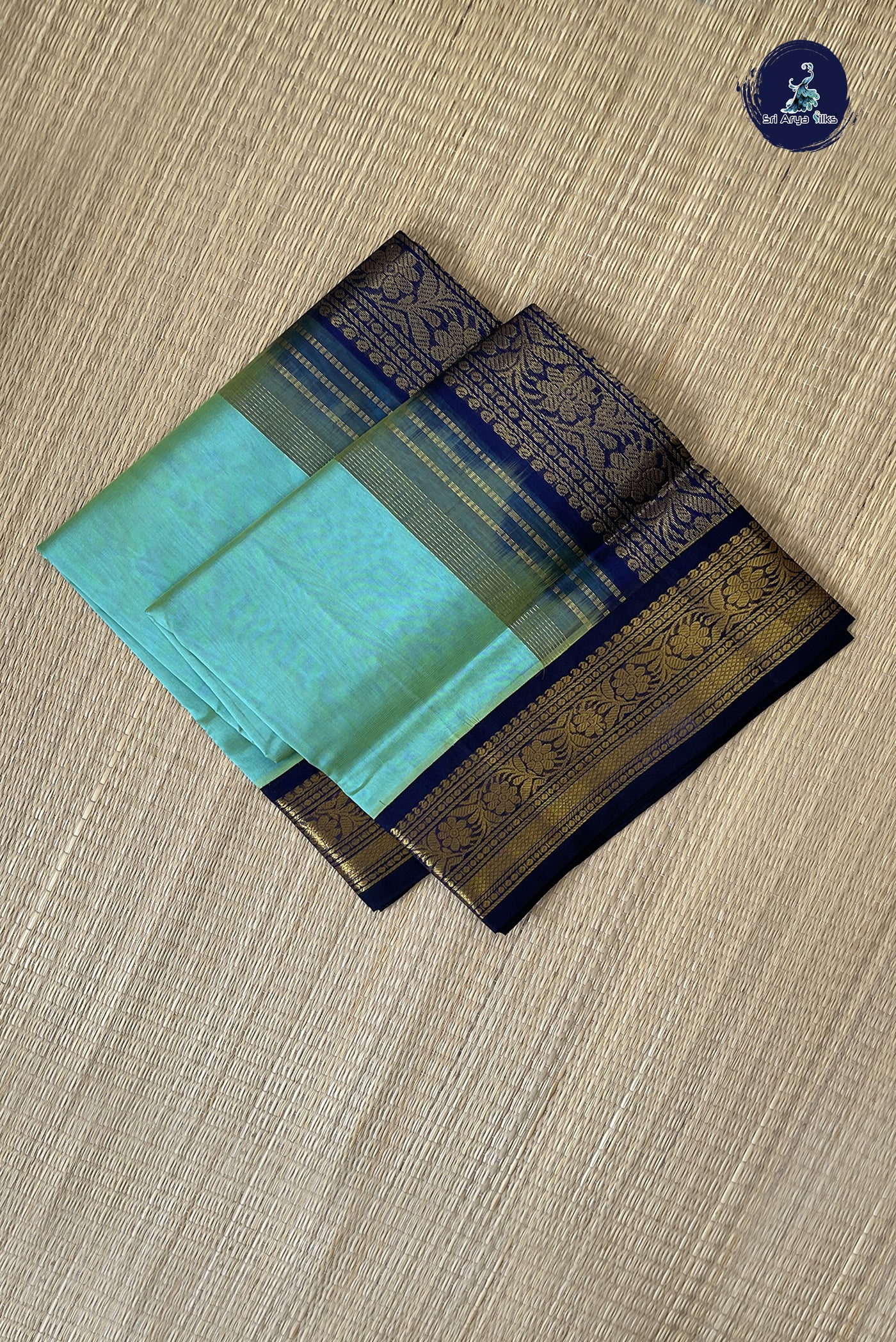 Turquoise Korvai Silk Cotton Saree With Zari Buttas Pattern