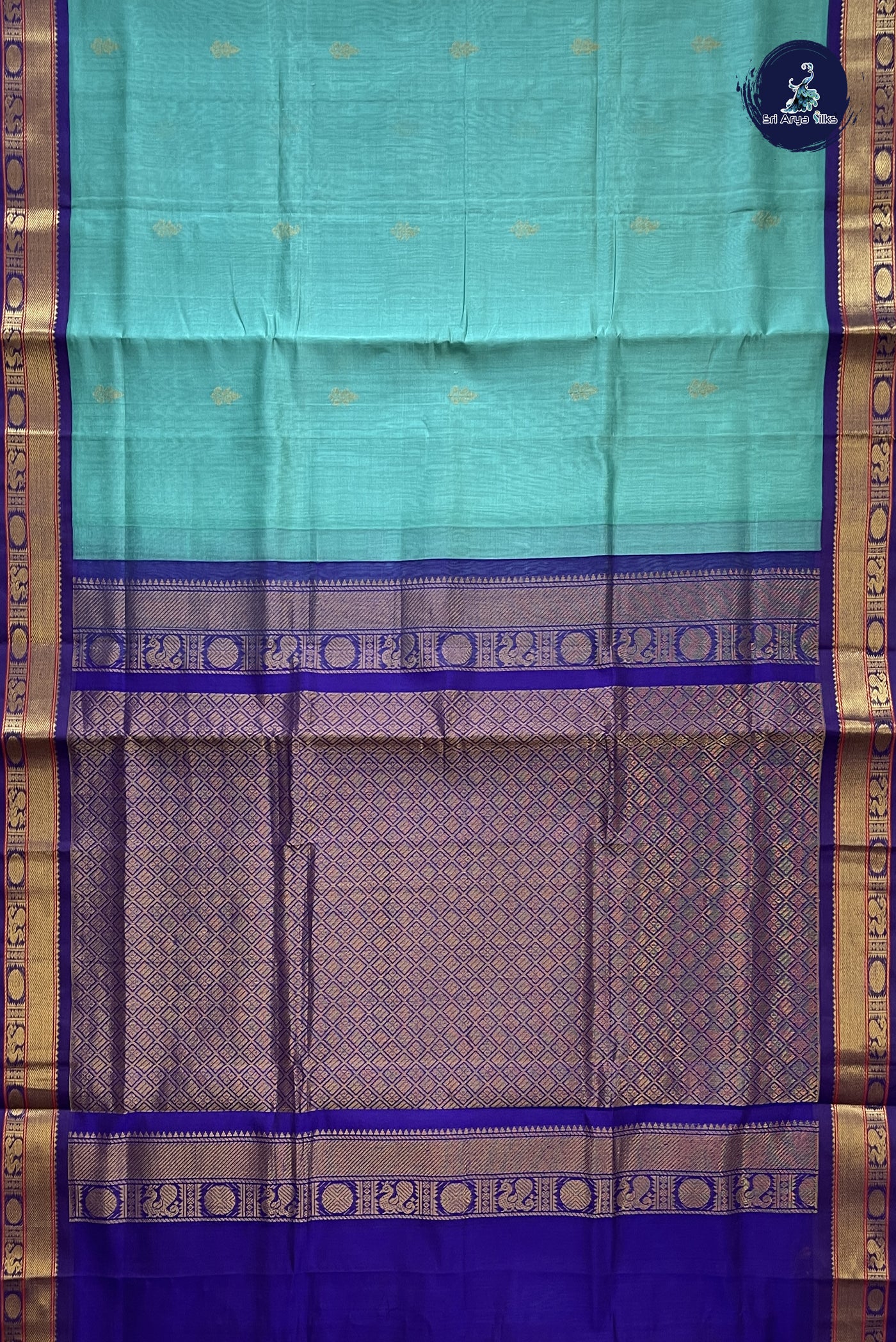 Turquoise Korvai Silk Cotton Saree With Zari Buttas Pattern