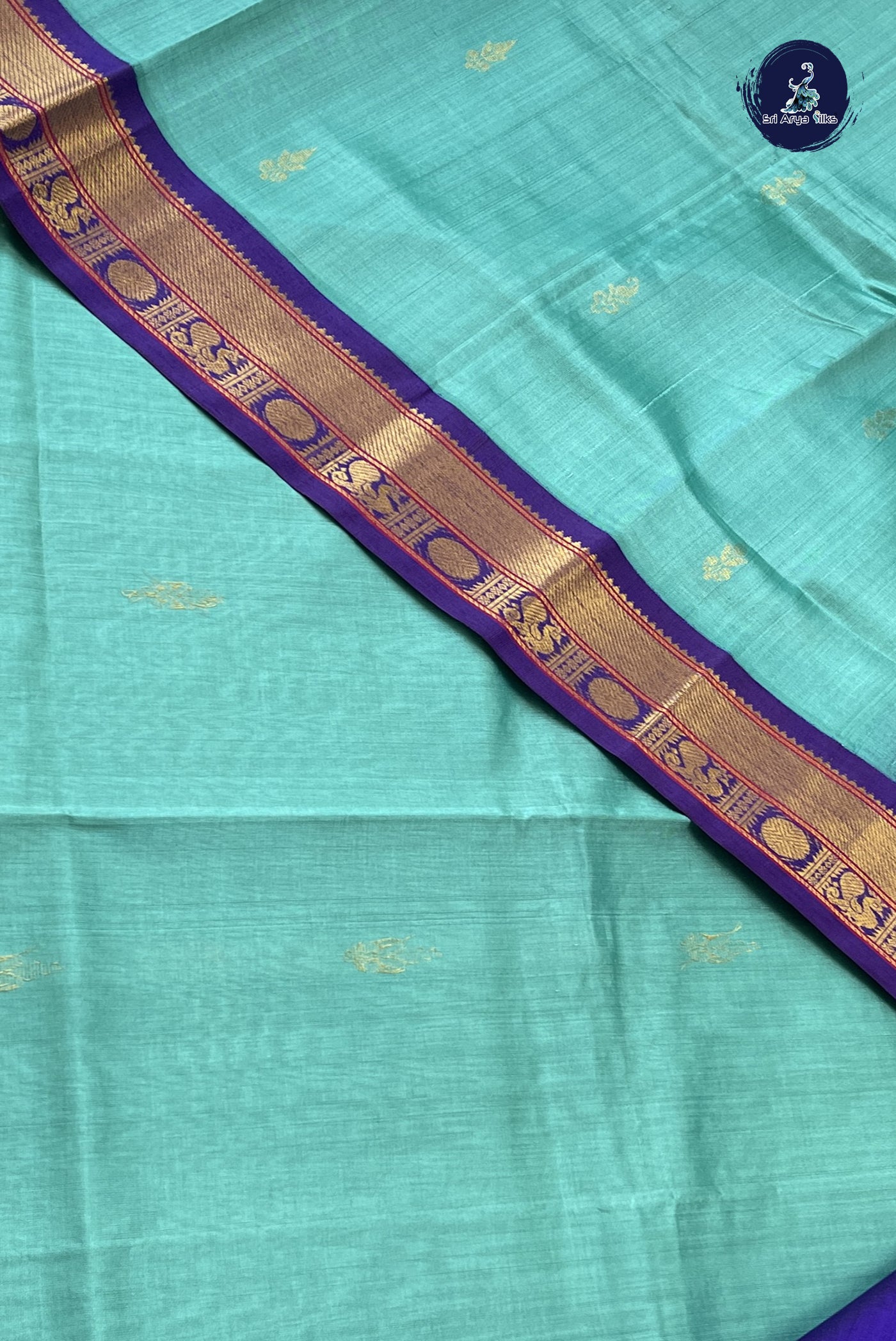 Turquoise Korvai Silk Cotton Saree With Zari Buttas Pattern