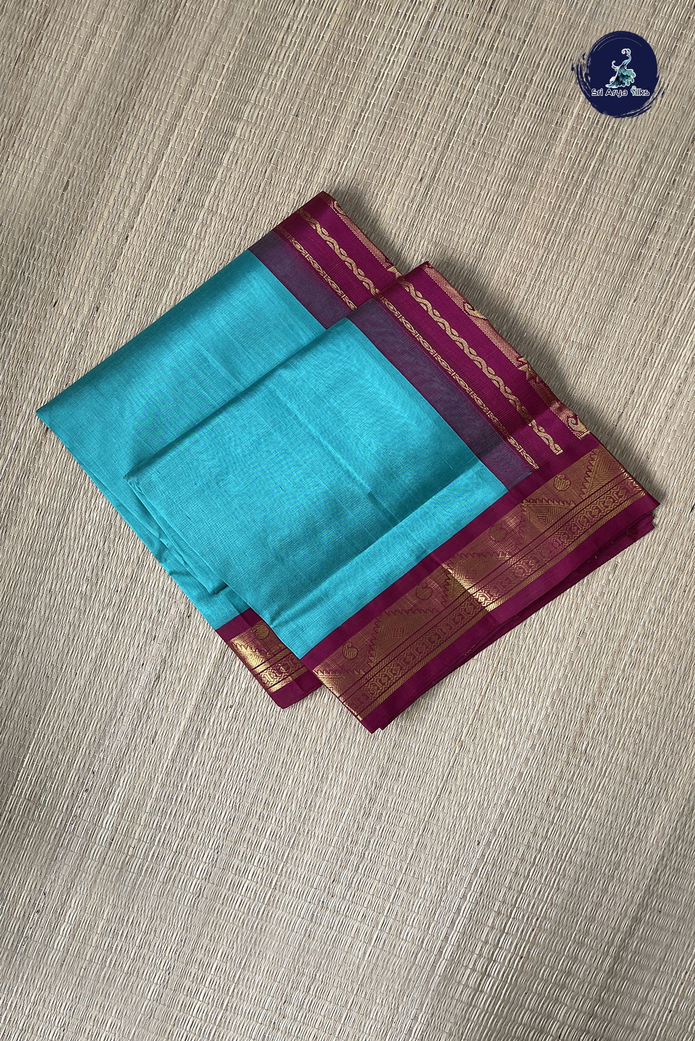 Turquoise Vaira Oosi Silk Cotton Saree With Vaira Oosi Pattern