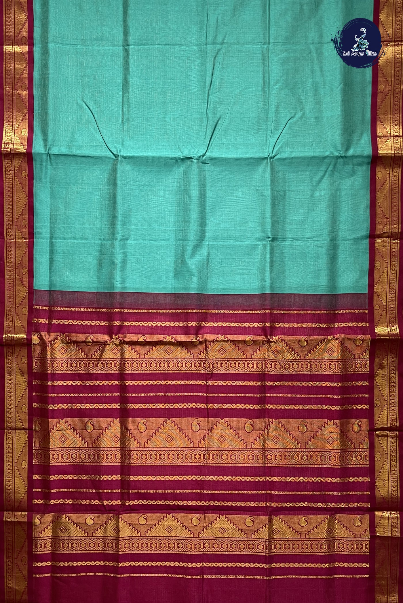 Turquoise Vaira Oosi Silk Cotton Saree With Vaira Oosi Pattern