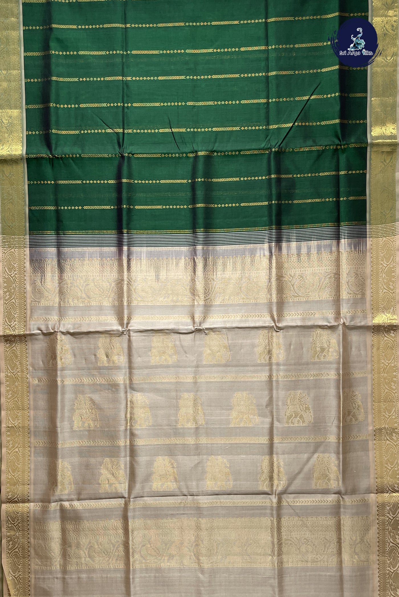 Bottle Green Simple Silk Cotton Saree With Stripes Pattern