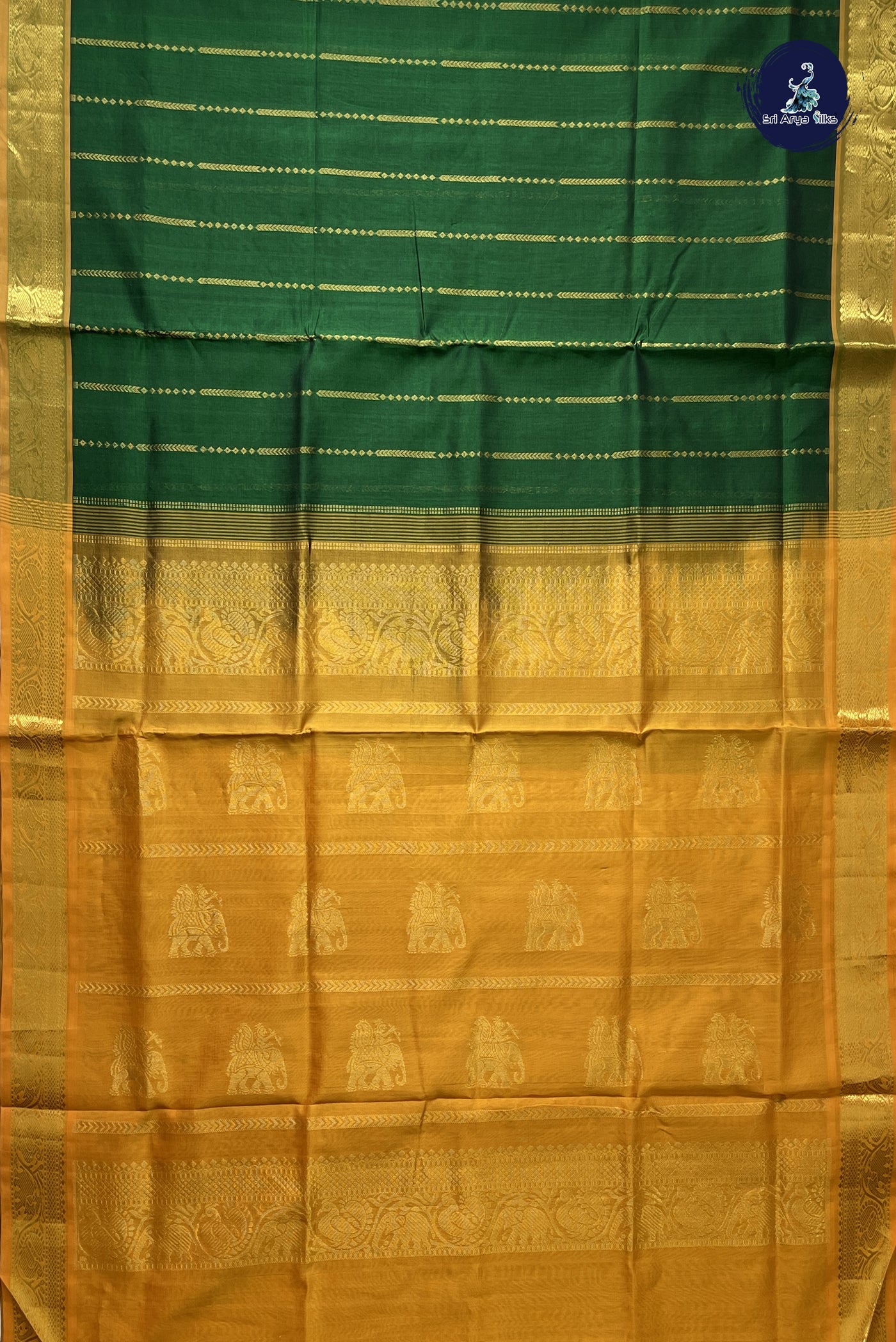 Dark Green Simple Silk Cotton Saree With Stripes Pattern