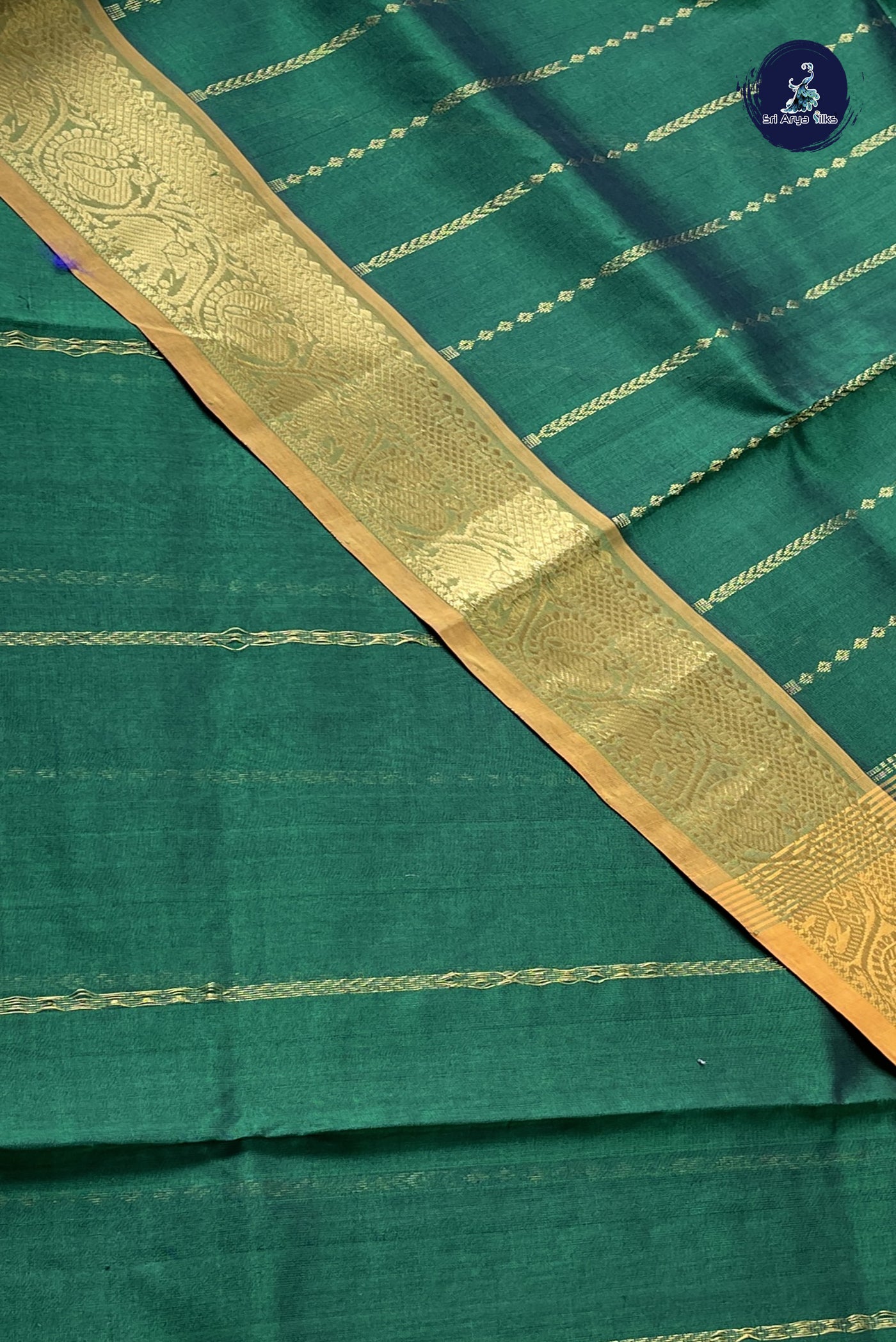 Dark Green Simple Silk Cotton Saree With Stripes Pattern