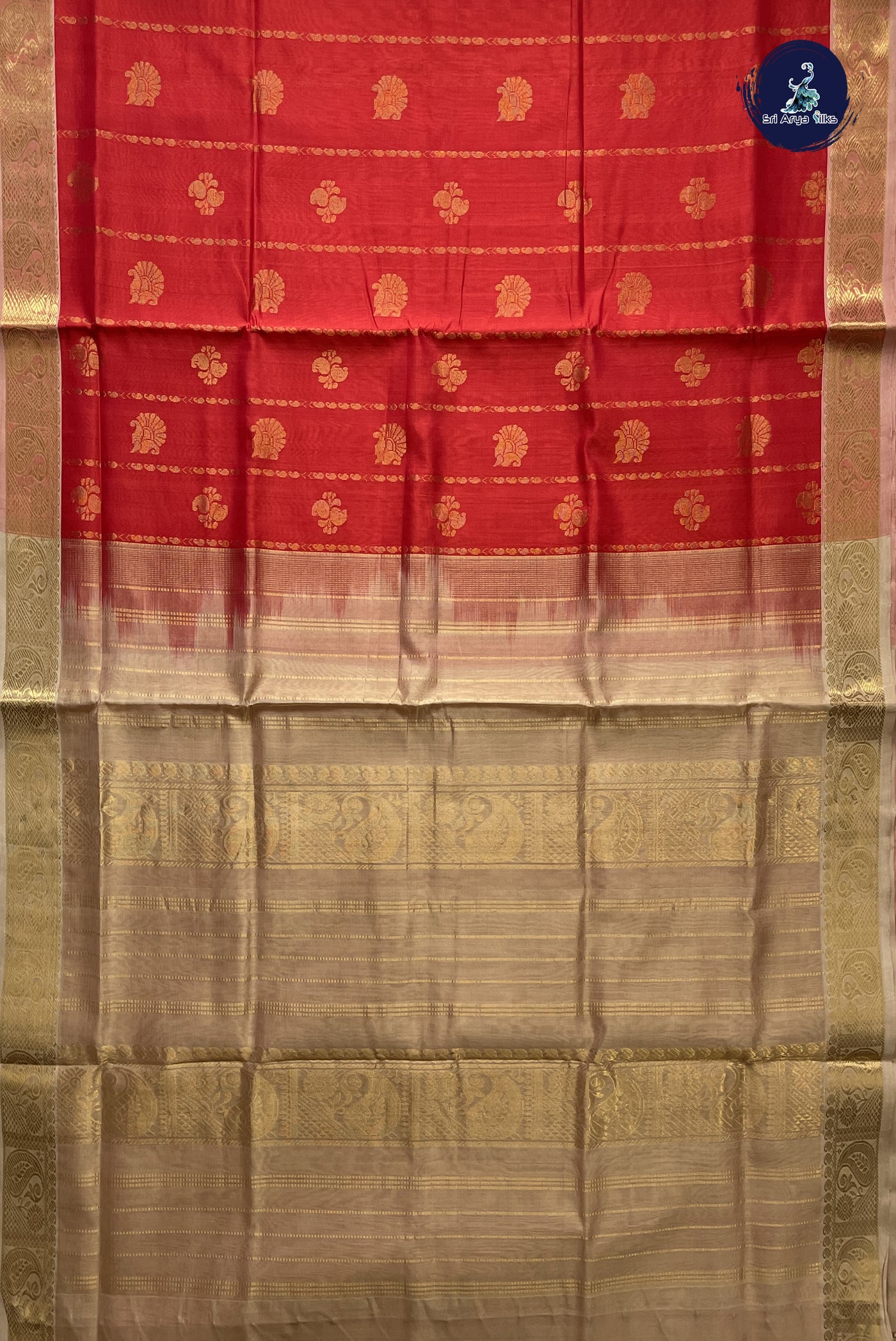 Red Simple Silk Cotton Saree With Stripes Pattern