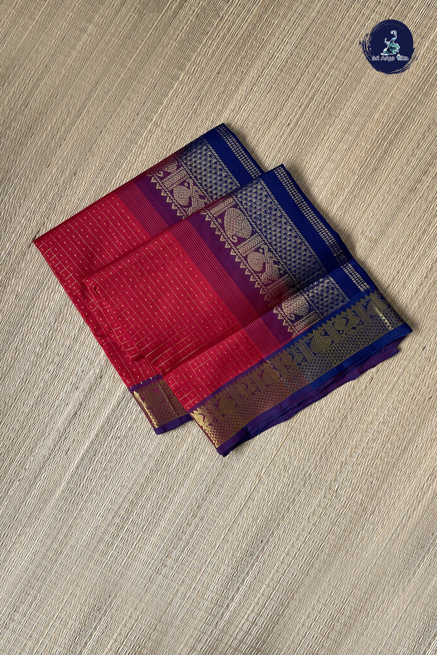 Red Checked Saree With Laksha Deepam Design Pattern