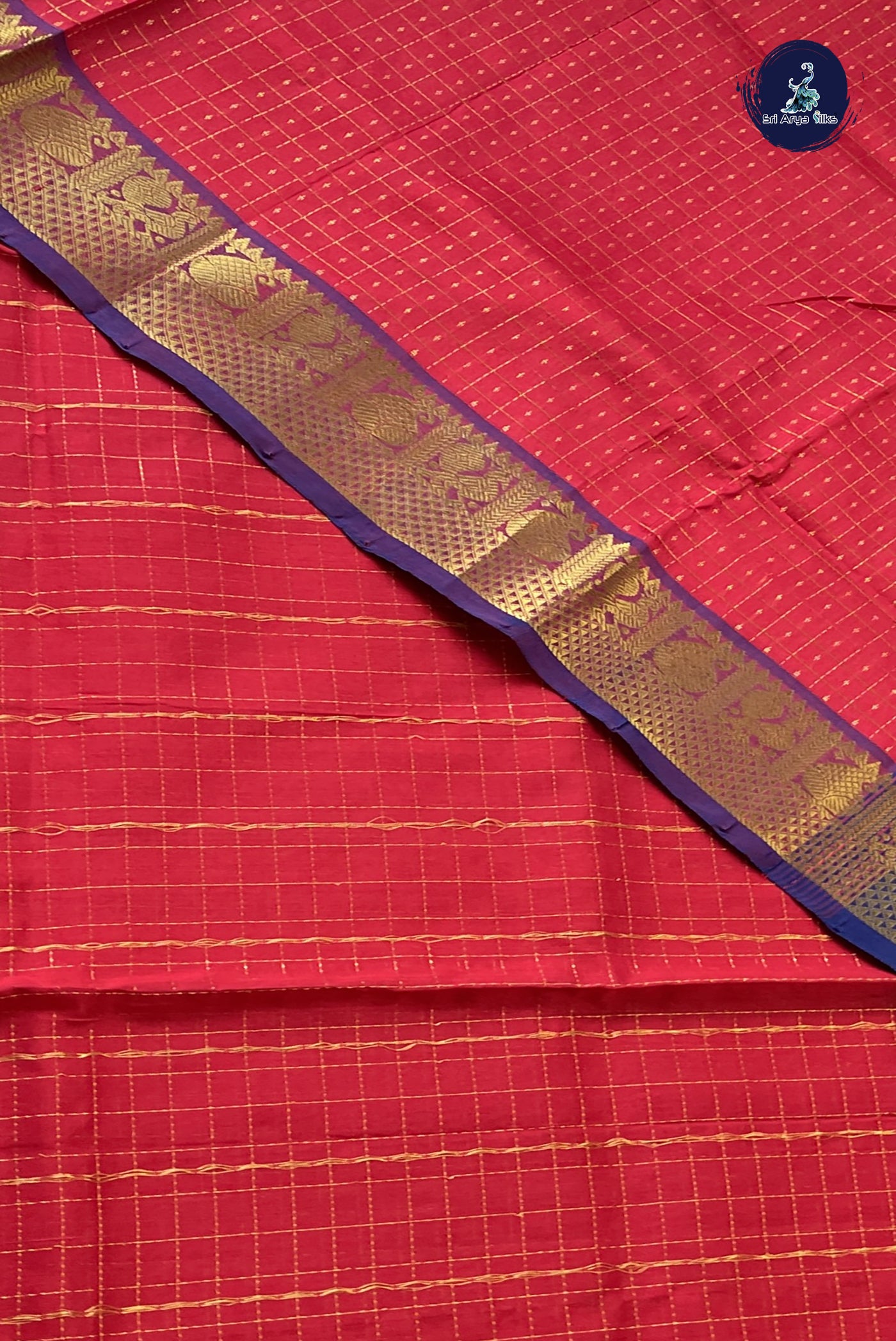 Red Checked Saree With Laksha Deepam Design Pattern