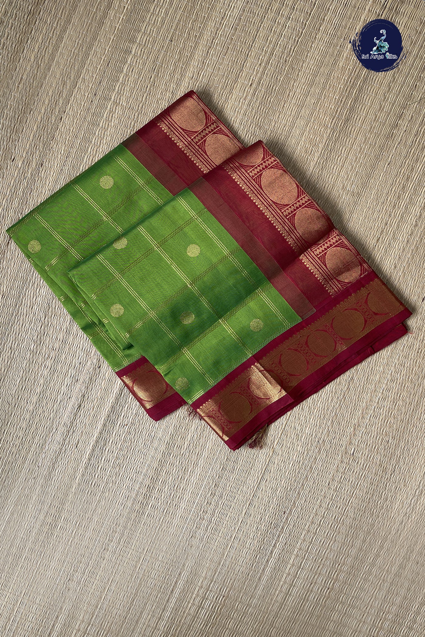 Parrot Green Korvai Silk Cotton Saree With Zari Checked Pattern