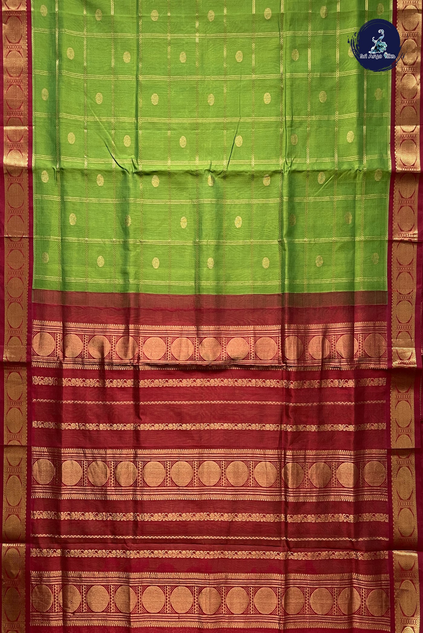 Parrot Green Korvai Silk Cotton Saree With Zari Checked Pattern