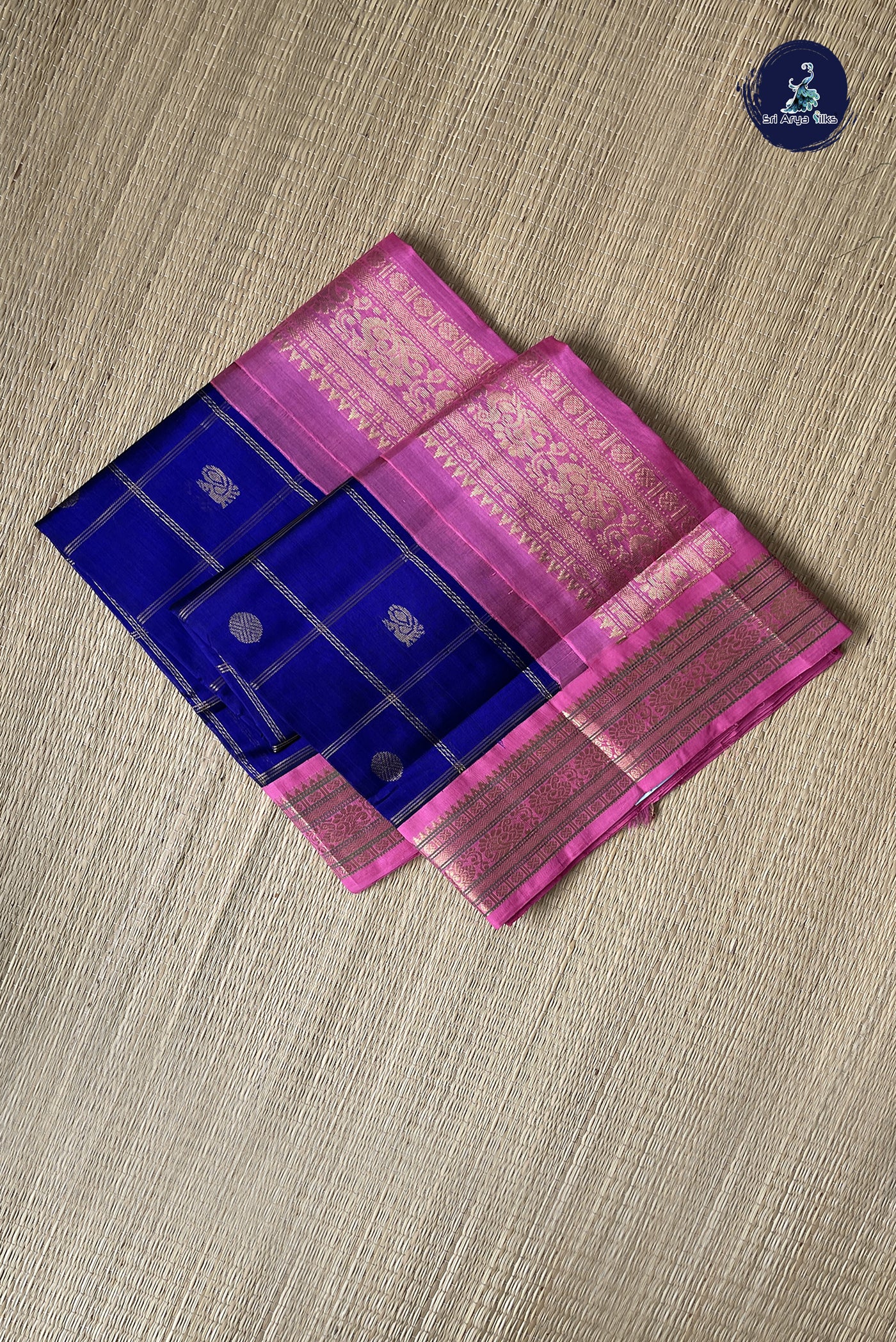 Violet Korvai Silk Cotton Saree With Zari Checked Pattern